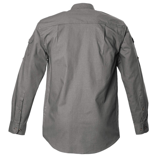 Back view of a Men's Shooter Shirt with Buffalo Logo in Long Sleeves, color Olive. The shirt has functional cross-stitched shoulder straps, double stitching throughout, and long rounded tails for tucking into pants. 100% cotton.