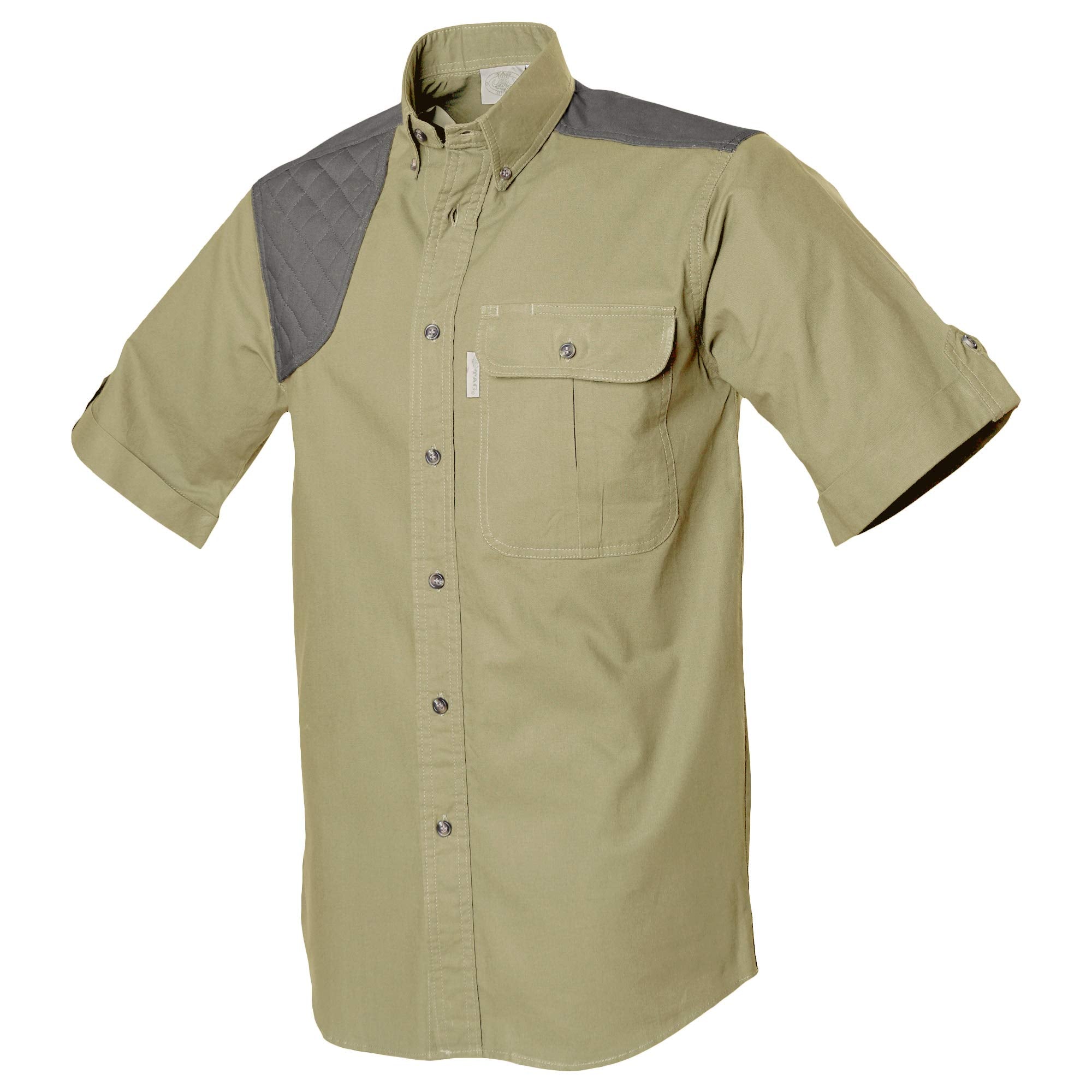 Front of a Men's Upland Shirt in Short Sleeves, color Khaki/Olive. The shirt has a contrasted quilted shooter patch, two flap-covered chest pockets, button-down collars, buttoned roll-up tabs on the sleeve cuffs, a button-front placket, double stitching throughout, and long rounded tails for tucking into pants. 100% cotton.--3