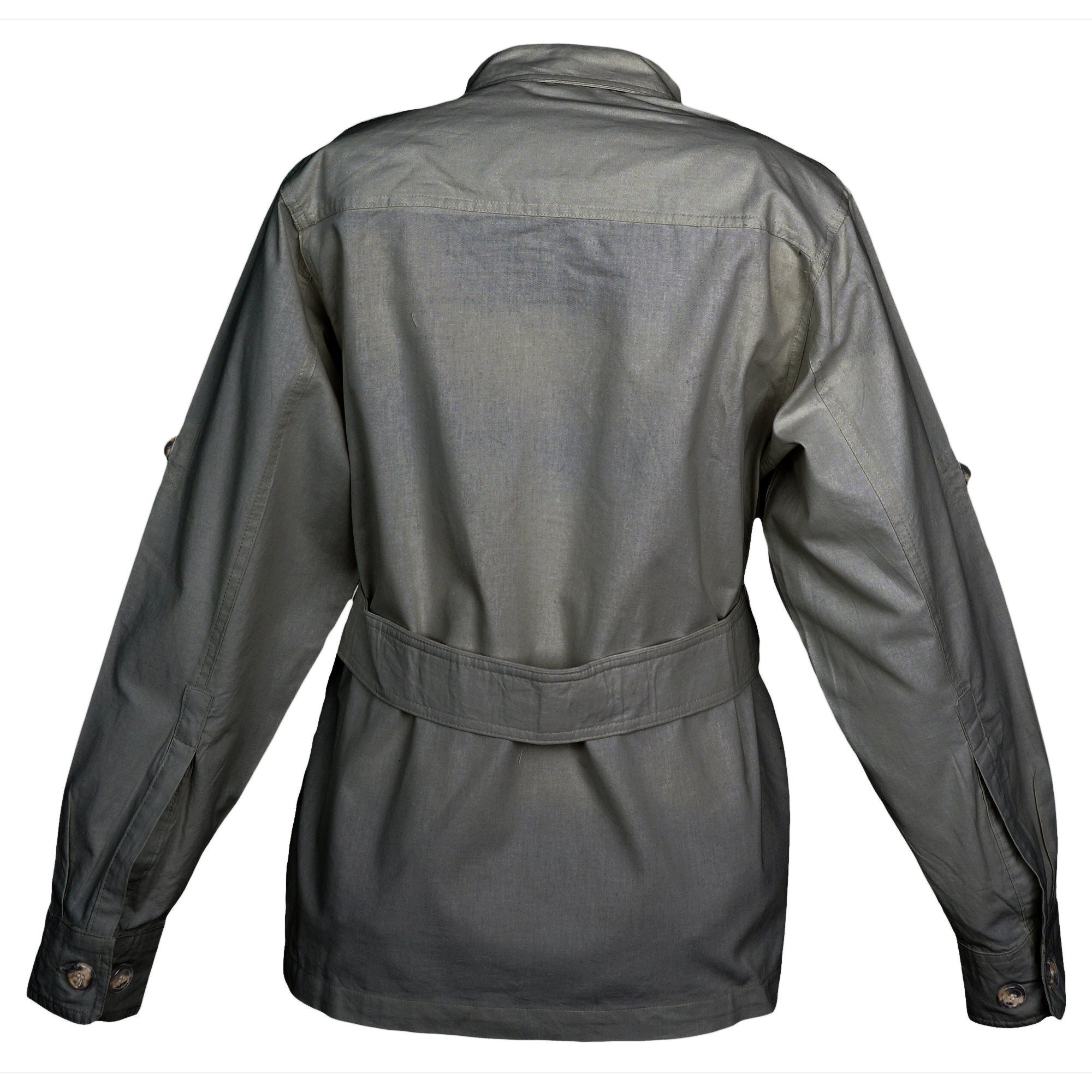 Back view of a Women's Safari Jacket, color Olive. The jacket has a double yolk, functional cross-stitched shoulder straps, Swiss roll-up tabs on the sleeves, a buckled waist belt, and double stitching throughout. 100% cotton.--8