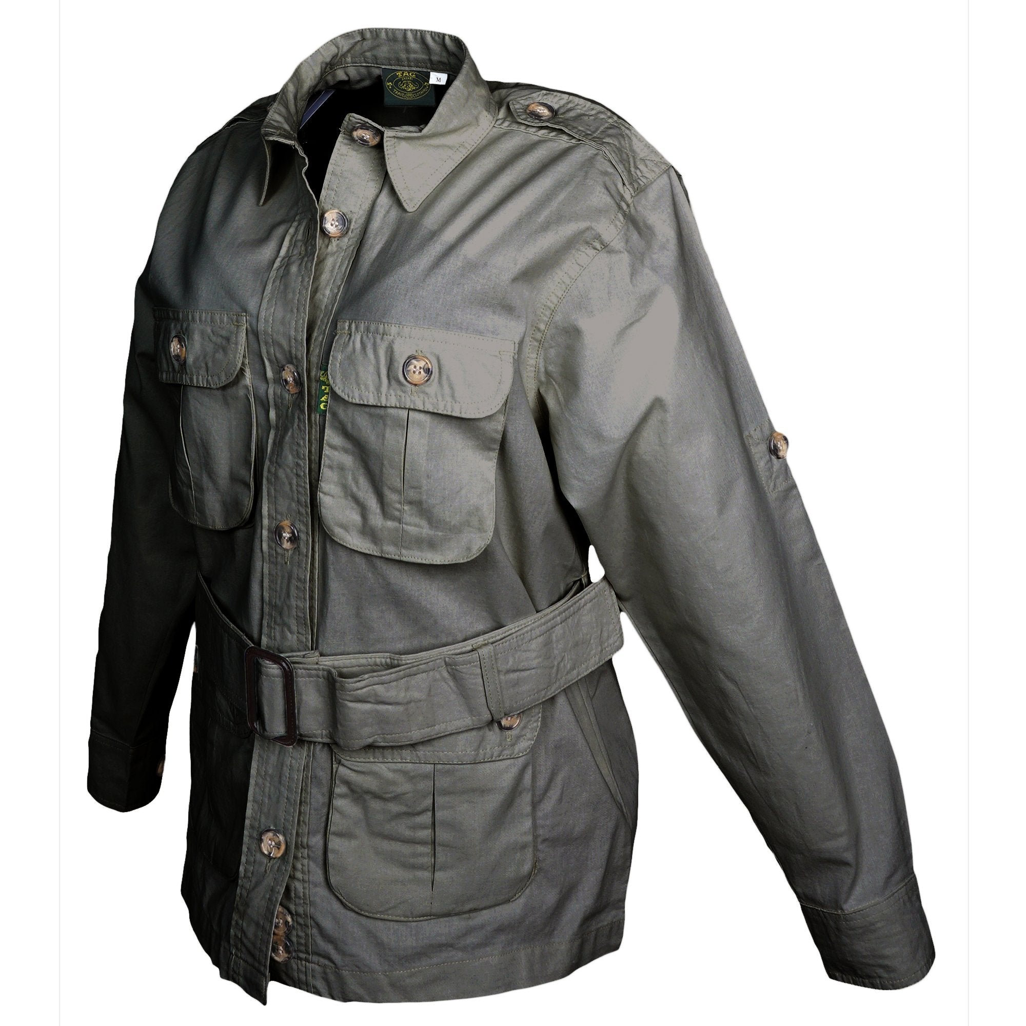 Side view of a Women's Safari Jacket, color Olive. The jacket has two large flap-covered cargo-style chest pockets, two large flap-covered cargo-style waist pockets, functional cross-stitched shoulder straps, Swiss roll-up tabs on the sleeves, a button-front placket, a buckled waist belt, and double stitching throughout. 100% cotton.--9