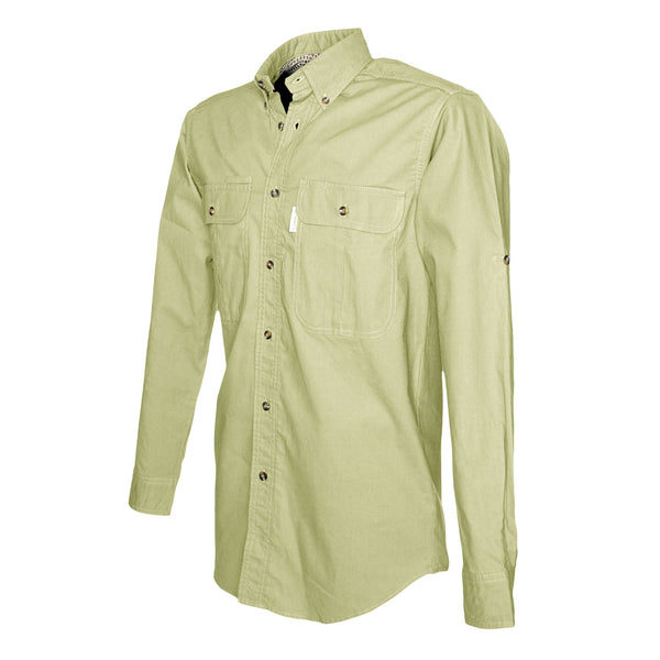 Side view of a Men's Vent Back Adventure Shirt in Long Sleeves, color Stone. The shirt has two flap-covered chest pockets, button-down collars, buttoned Swiss tabs on the sleeves, a button-front placket, double stitching throughout, and long rounded tails for tucking into pants. 100% cotton.