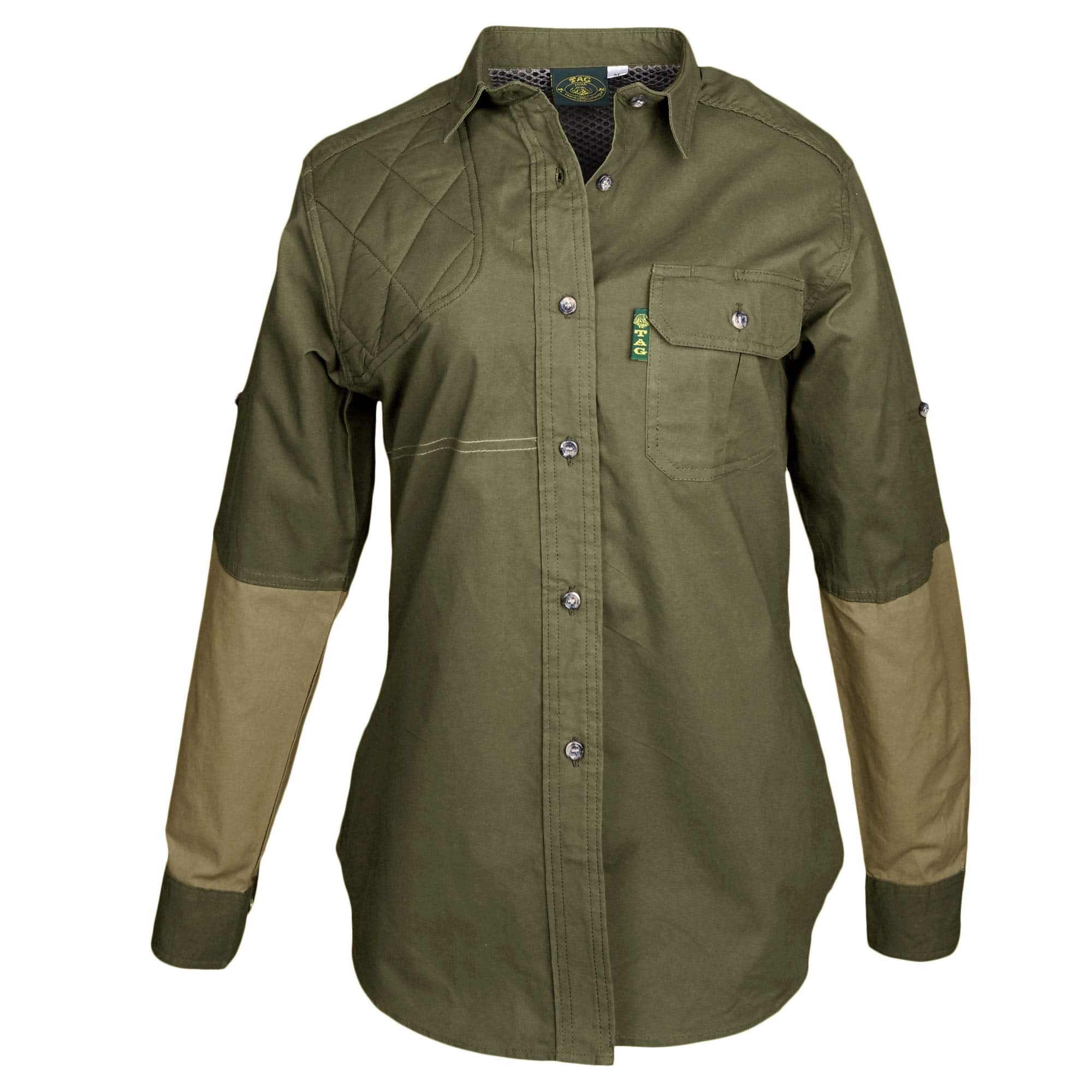 Front of a Woman's Clay Bird Shirt in Long Sleeves, color Moss/Khaki. The shirt has a quilted recoil pad at the right shoulder, contrasted forearms, a single flap-covered chest pocket, a button-front placket, a stitched FITASC gun position line, double stitching throughout, and long rounded tails for tucking into pants. 100% cotton.--4