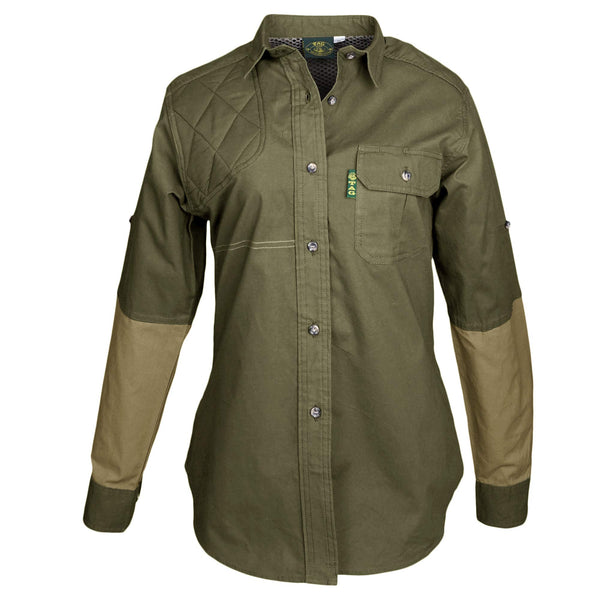 Front of a Woman's Clay Bird Shirt in Long Sleeves, color Moss/Khaki. The shirt has a quilted recoil pad at the right shoulder, contrasted forearms, a single flap-covered chest pocket, a button-front placket, a stitched FITASC gun position line, double stitching throughout, and long rounded tails for tucking into pants. 100% cotton.