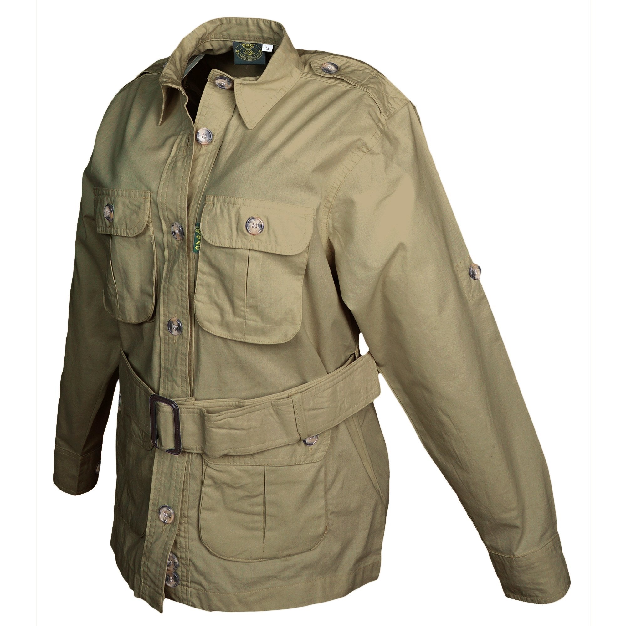 Side view of a Women's Safari Jacket, color Khaki. The jacket has two large flap-covered cargo-style chest pockets, two large flap-covered cargo-style waist pockets, functional cross-stitched shoulder straps, Swiss roll-up tabs on the sleeves, a button-front placket, a buckled waist belt, and double stitching throughout. 100% cotton.--3
