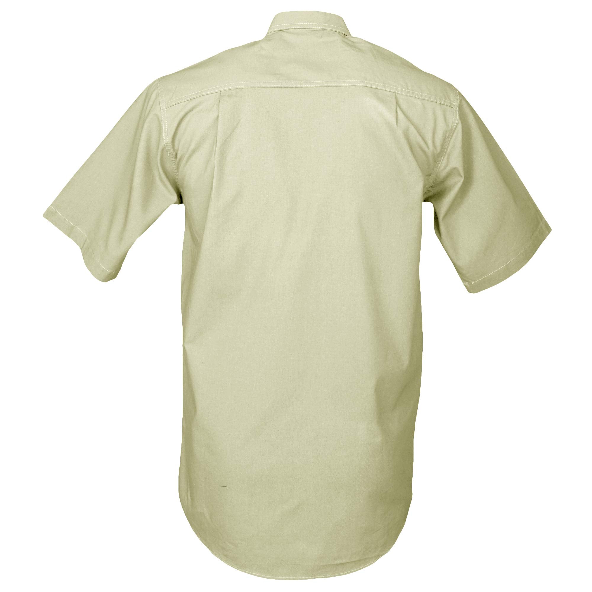 Back view of a Men's Safari Shirt in Short Sleeves, color Stone. The shirt has buttoned roll-up tabs on the sleeve cuffs, double stitching throughout, and long rounded tails for tucking into pants. 100% cotton.--8