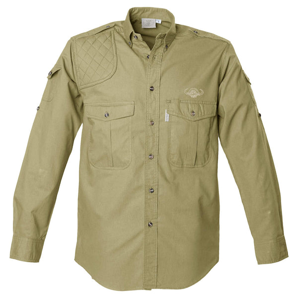 Front view of a Men's Shooter Shirt with Buffalo Logo in Long Sleeves, color Khaki. The shirt has a quilted shooting pad at the right shoulder, ammo pockets on the sleeves, two flap-covered chest pockets with an embroidered Tag buffalo logo above the left pocket, button-down collars, functional cross-stitched shoulder straps, a button-front placket, double stitching throughout, and long rounded tails for tucking into pants. 100% cotton.