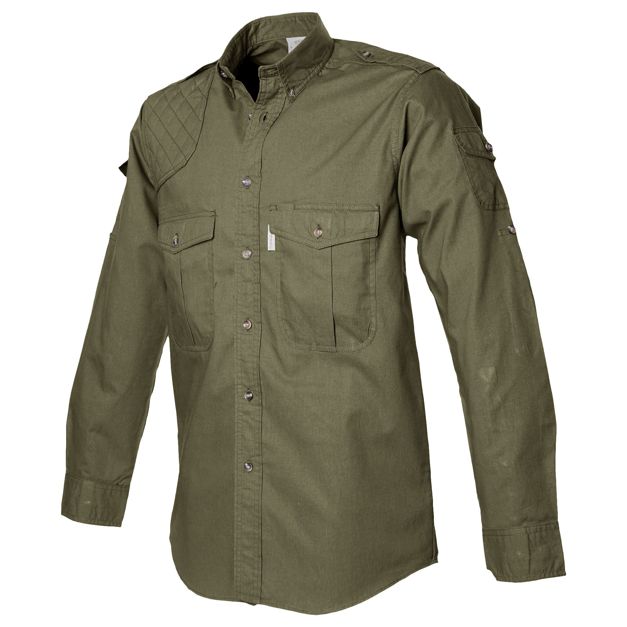 Side view of a Men's Shooter Shirt in Long Sleeves, color Moss. The shirt has a quilted shooting pad at the right shoulder, ammo pockets on the sleeves, two flap-covered chest pockets, button-down collars, functional cross-stitched shoulder straps, a button-front placket, double stitching throughout, and long rounded tails for tucking into pants. 100% cotton.--9