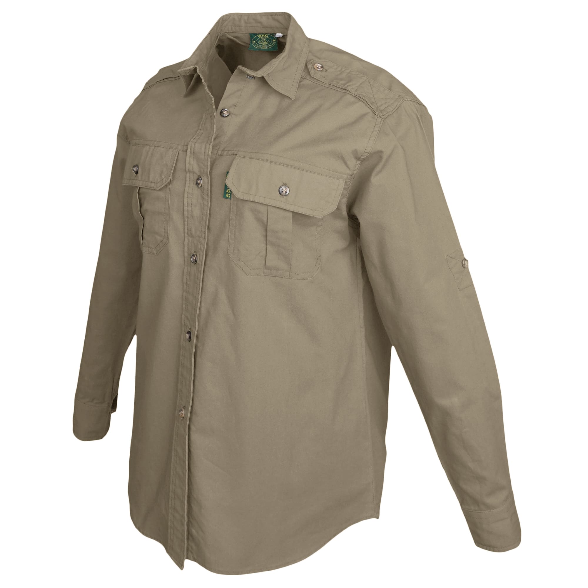 Side view of a Woman's Trail Shirt in Long Sleeves, color Khaki. The shirt has two flap-covered chest pockets, functional cross-stitched shoulder straps, a button-front placket, double stitching throughout, and long rounded tails for tucking into pants. 100% cotton.--3