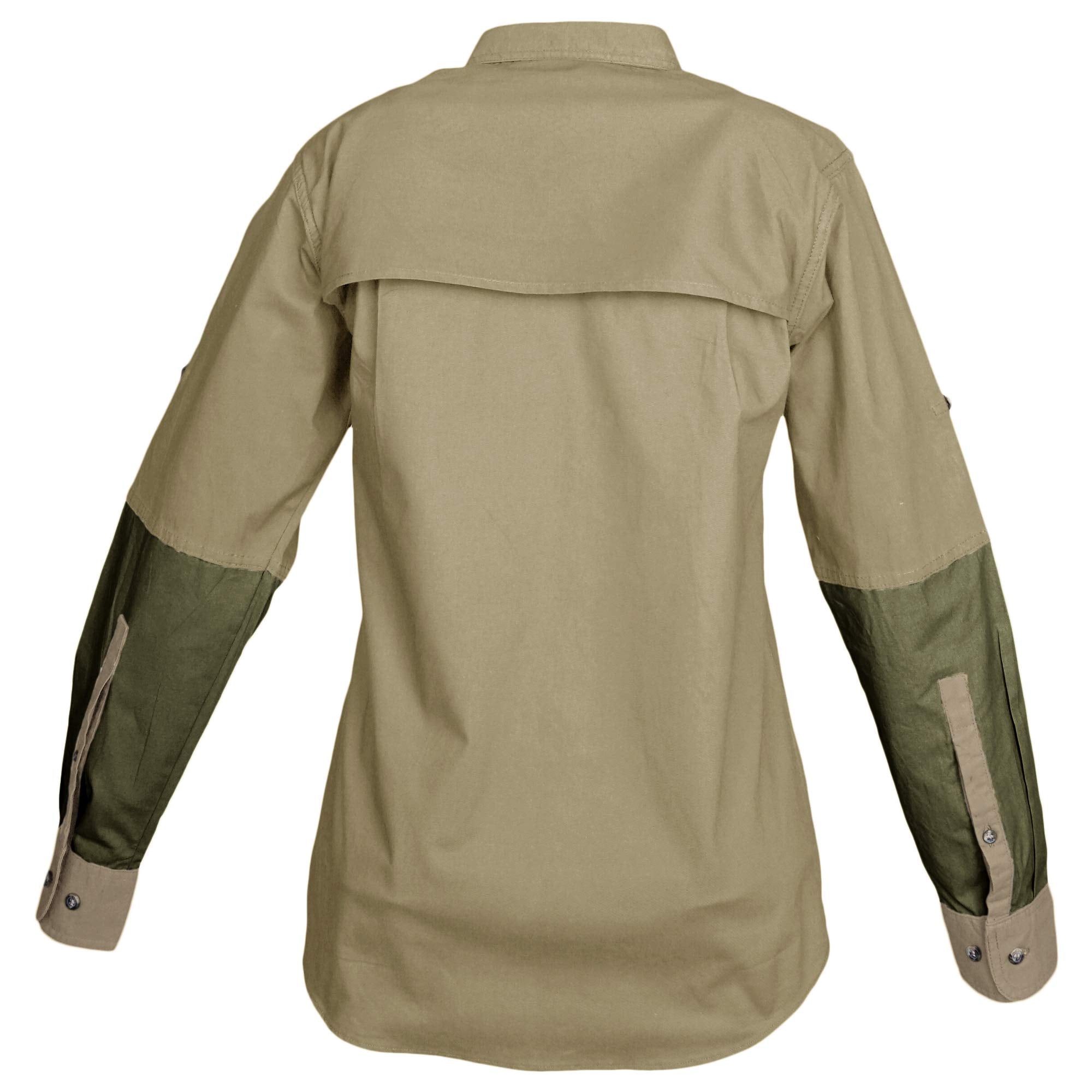 Back of a Woman's Clay Bird Shirt in Long Sleeves, color Khaki/Moss. The shirt has a mesh-lined vented back, contrasted forearms, double stitching throughout, and long rounded tails for tucking into pants. 100% cotton.--2