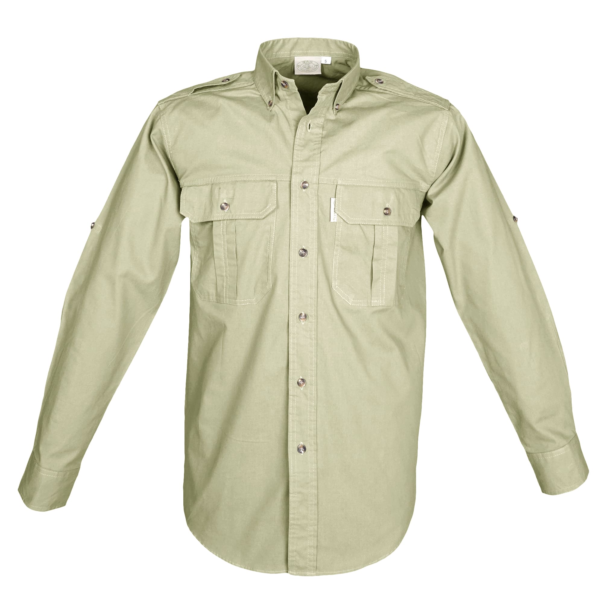 Front view of a Men's Trail Shirt in Long Sleeves, color Stone. The shirt has two flap-covered chest pockets, button-down collars, functional cross-stitched shoulder straps, a button-front placket, double stitching throughout, and long rounded tails for tucking into pants. 100% cotton.--7