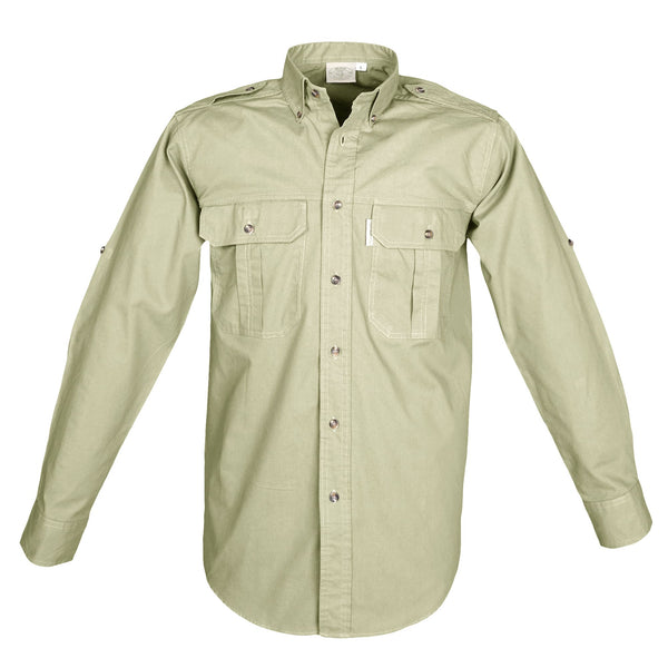 Front view of a Men's Trail Shirt in Long Sleeves, color Stone. The shirt has two flap-covered chest pockets, button-down collars, functional cross-stitched shoulder straps, a button-front placket, double stitching throughout, and long rounded tails for tucking into pants. 100% cotton.