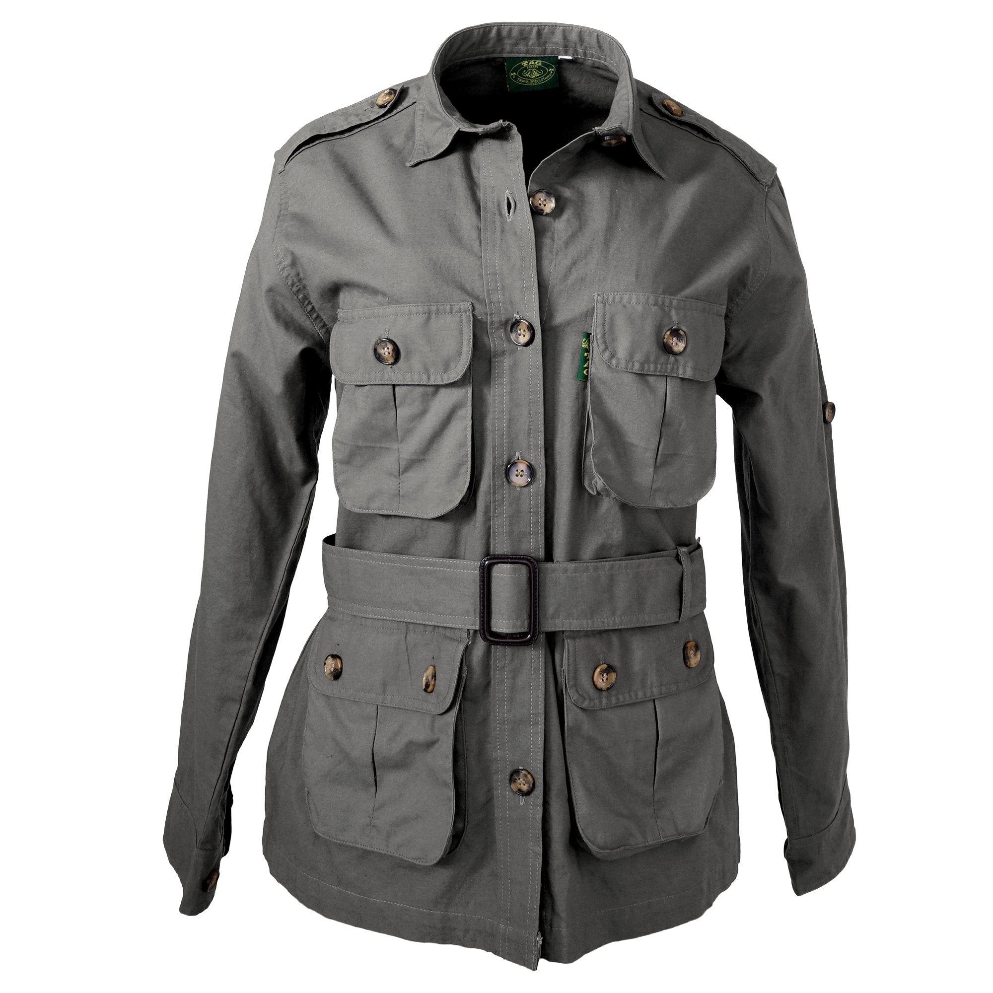 Front view of a Women's Safari Jacket, color Olive. The jacket has two large flap-covered cargo-style chest pockets, two large flap-covered cargo-style waist pockets, functional cross-stitched shoulder straps, Swiss roll-up tabs on the sleeves, a button-front placket, a buckled waist belt, and double stitching throughout. 100% cotton.--7