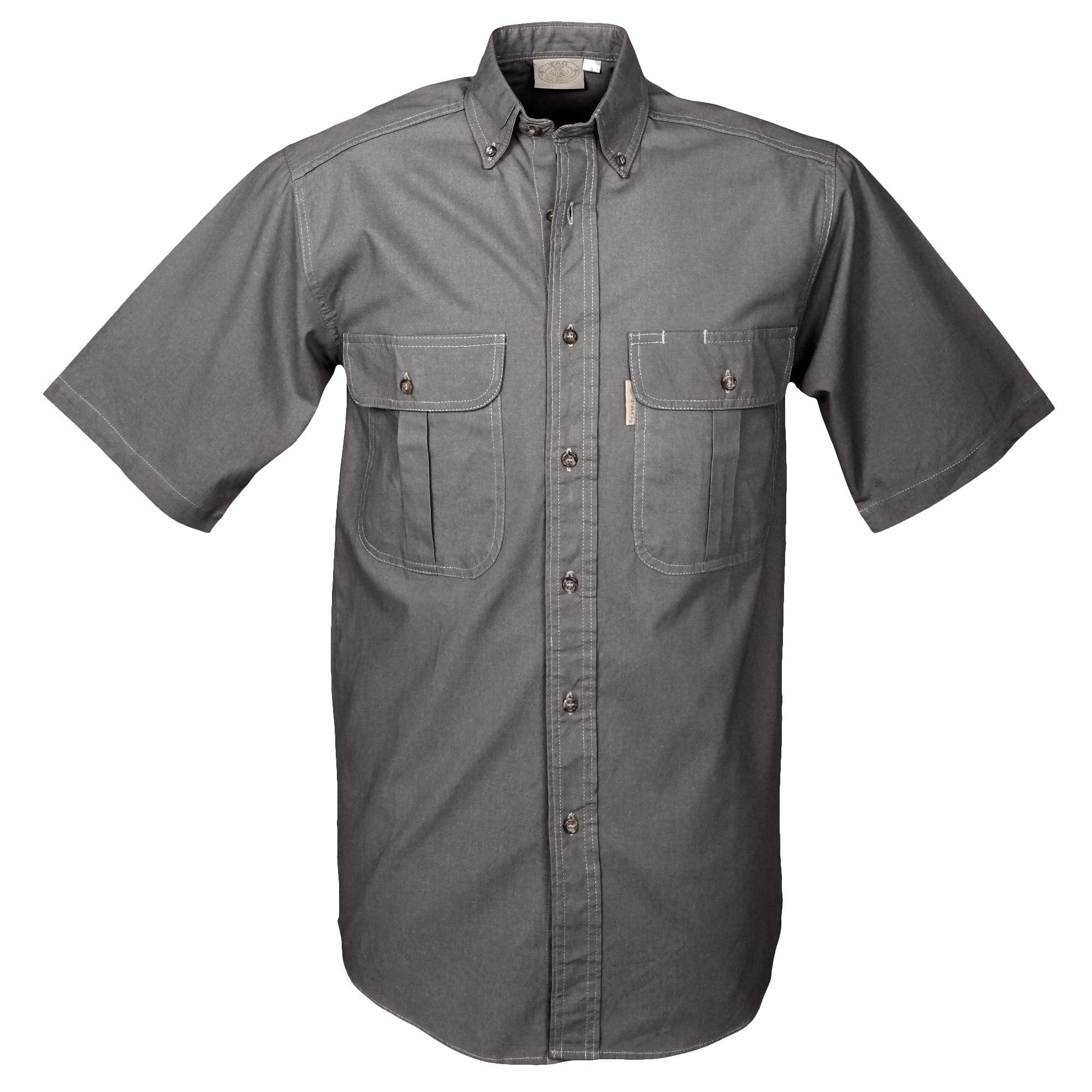 Front view of a Men's Safari Shirt in Short Sleeves, color Olive. The shirt has two flap-covered chest pockets, button-down collars, buttoned roll-up tabs on the sleeve cuffs, a button-front placket, double stitching throughout, and long rounded tails for tucking into pants. 100% cotton.--1