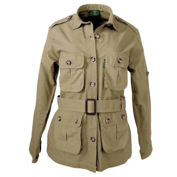 Front view of a Women's Safari Jacket, color Khaki. The jacket has two large flap-covered cargo-style chest pockets, two large flap-covered cargo-style waist pockets, functional cross-stitched shoulder straps, Swiss roll-up tabs on the sleeves, a button-front placket, a buckled waist belt, and double stitching throughout. 100% cotton.