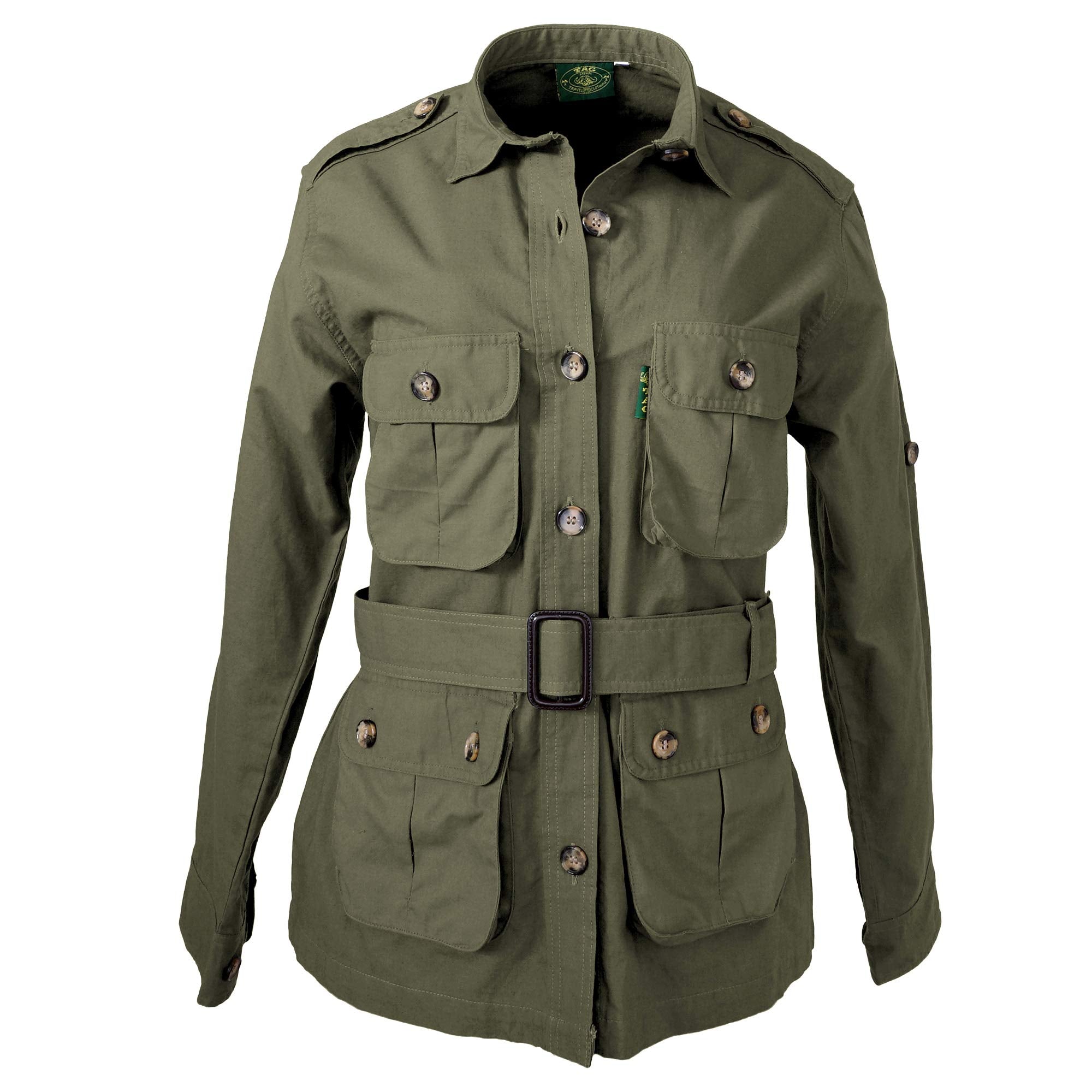 Front view of a Women's Safari Jacket, color Moss. The jacket has two large flap-covered cargo-style chest pockets, two large flap-covered cargo-style waist pockets, functional cross-stitched shoulder straps, Swiss roll-up tabs on the sleeves, a button-front placket, a buckled waist belt, and double stitching throughout. 100% cotton.--10