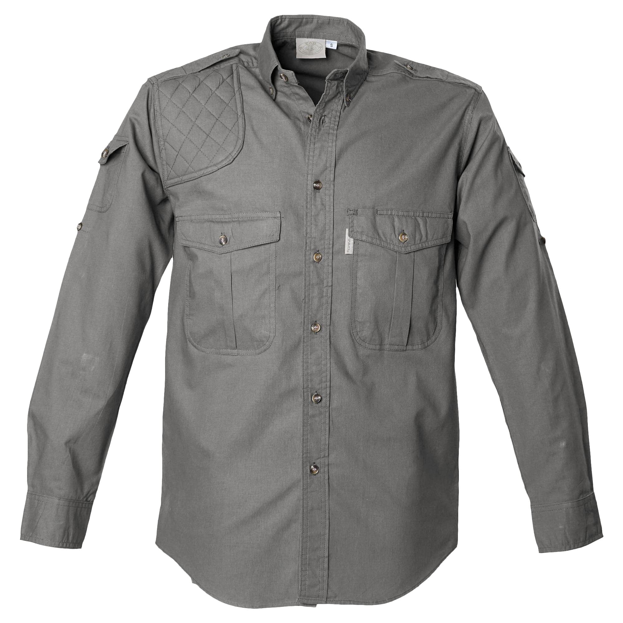 Front view of a Men's Shooter Shirt in Long Sleeves, color Olive. The shirt has a quilted shooting pad at the right shoulder, ammo pockets on the sleeves, two flap-covered chest pockets, button-down collars, functional cross-stitched shoulder straps, a button-front placket, double stitching throughout, and long rounded tails for tucking into pants. 100% cotton.--4