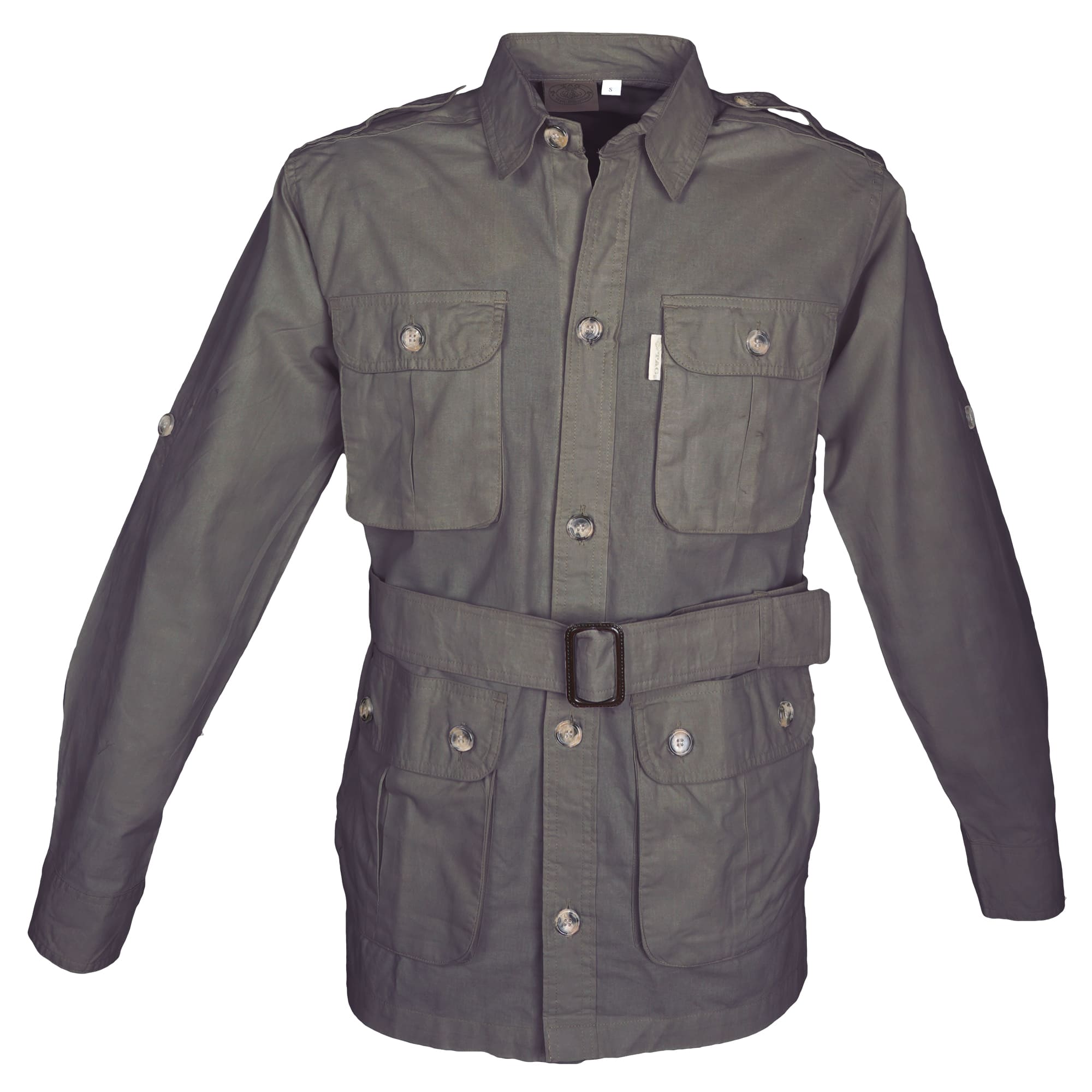 Front view of a Men's Safari Jacket, color Olive. The jacket has two large flap-covered cargo-style chest pockets, two large flap-covered cargo-style waist pockets, functional cross-stitched shoulder straps, Swiss roll-up tabs on the sleeves, a button-front placket, a buckled waist belt, and double stitching throughout. 100% cotton.--7