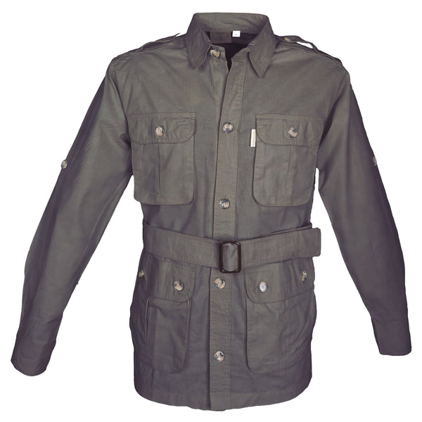 Front view of a Men's Safari Jacket, color Olive. The jacket has two large flap-covered cargo-style chest pockets, two large flap-covered cargo-style waist pockets, functional cross-stitched shoulder straps, Swiss roll-up tabs on the sleeves, a button-front placket, a buckled waist belt, and double stitching throughout. 100% cotton.