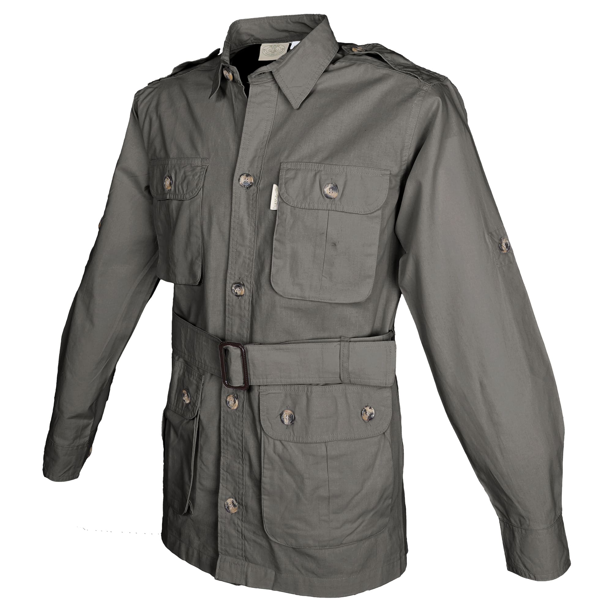 Side view of a Men's Safari Jacket, color Olive. The jacket has two large flap-covered cargo-style chest pockets, two large flap-covered cargo-style waist pockets, functional cross-stitched shoulder straps, Swiss roll-up tabs on the sleeves, a button-front placket, a buckled waist belt, and double stitching throughout. 100% cotton.--9