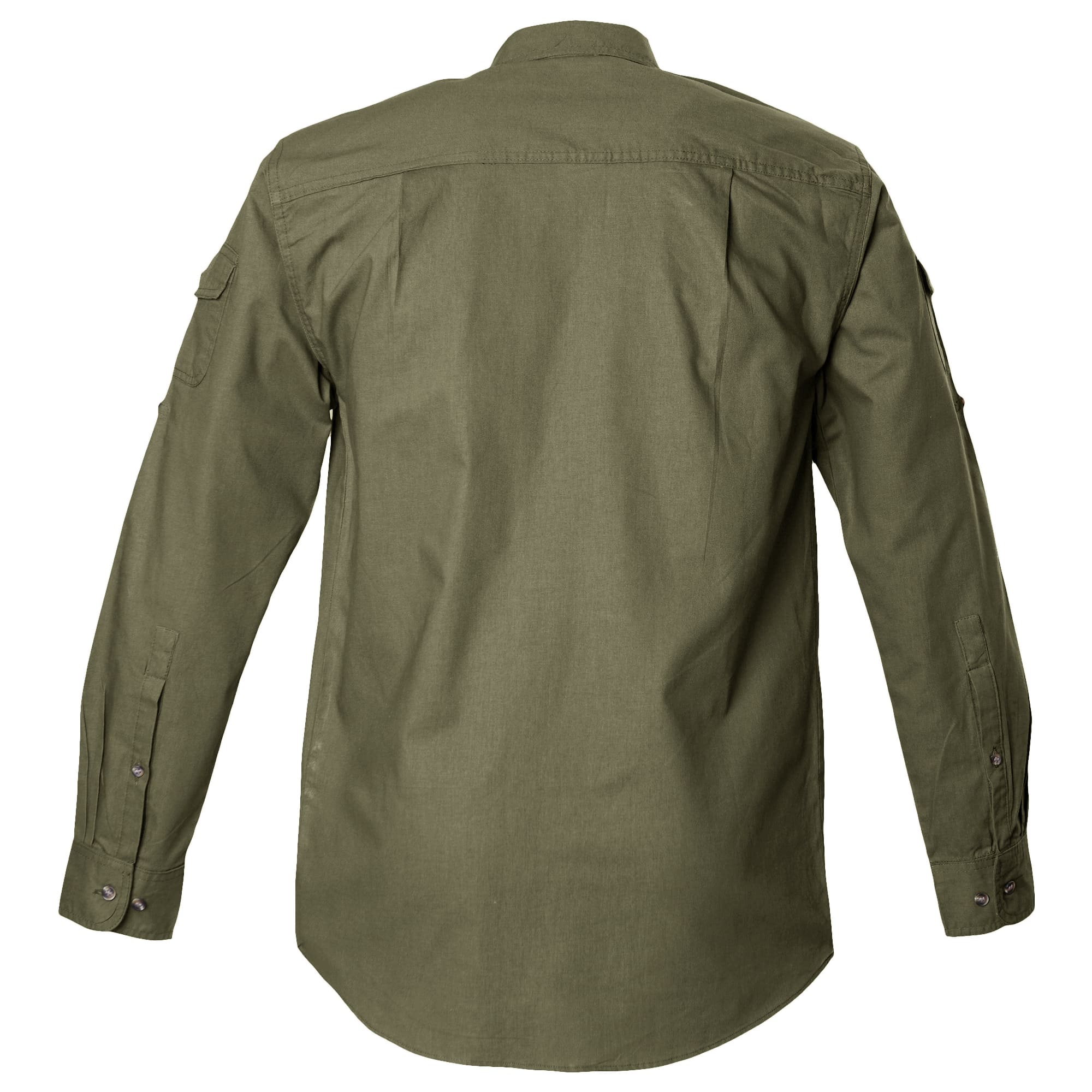 Back view of a Men's Shooter Shirt in Long Sleeves, color Moss. The shirt has functional cross-stitched shoulder straps, double stitching throughout, and long rounded tails for tucking into pants. 100% cotton.--8
