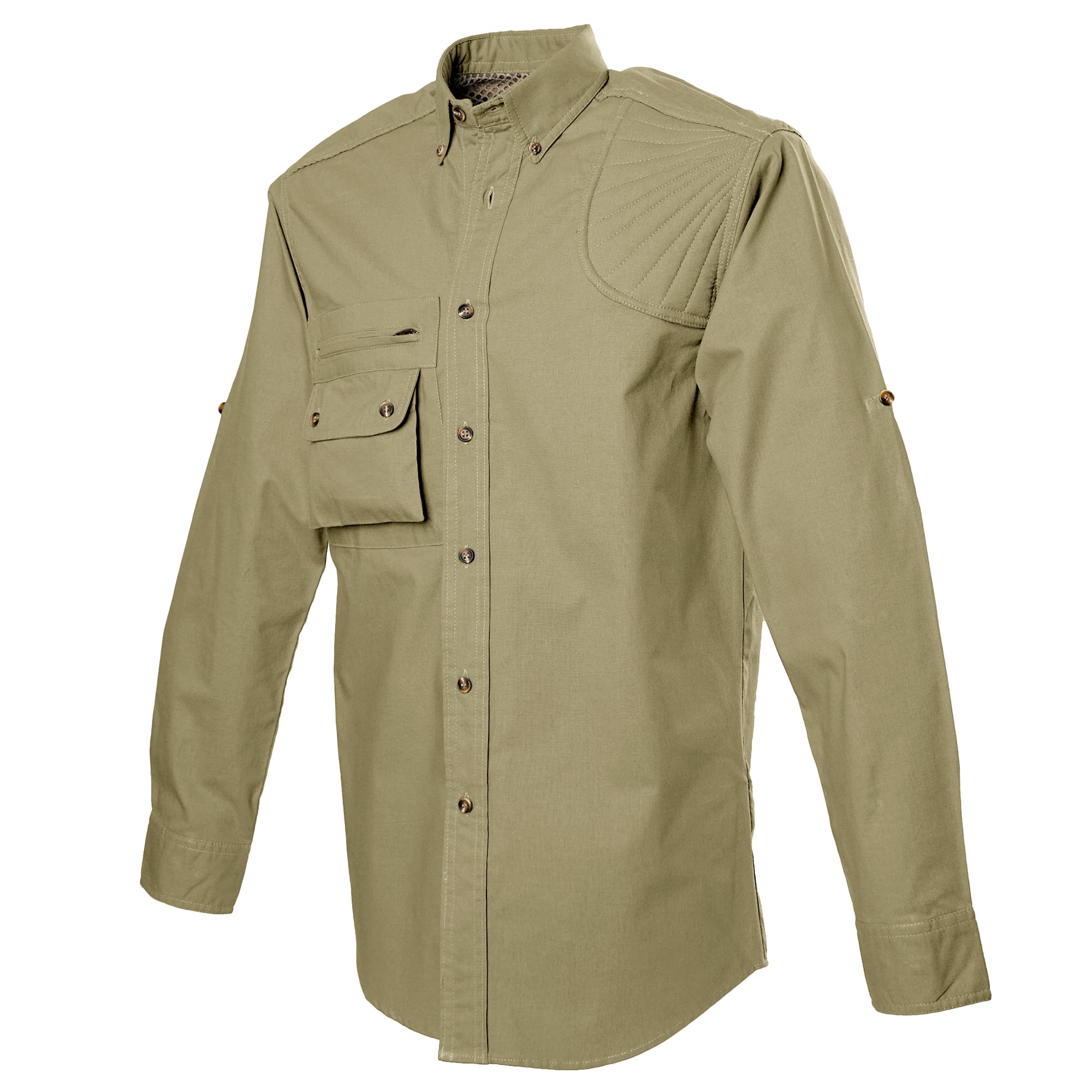 Side view of a Men's Left-Hand Shooter Shirt in Long Sleeves, color Khaki. The shirt has a sunray quilted shooter patch at the left shoulder, a zippered chest pocket, a flap-covered chest pocket, button-down collars, buttoned Swiss tabs on the sleeves, a button-front placket, double stitching throughout, and long rounded tails for tucking into pants. 100% cotton.--3