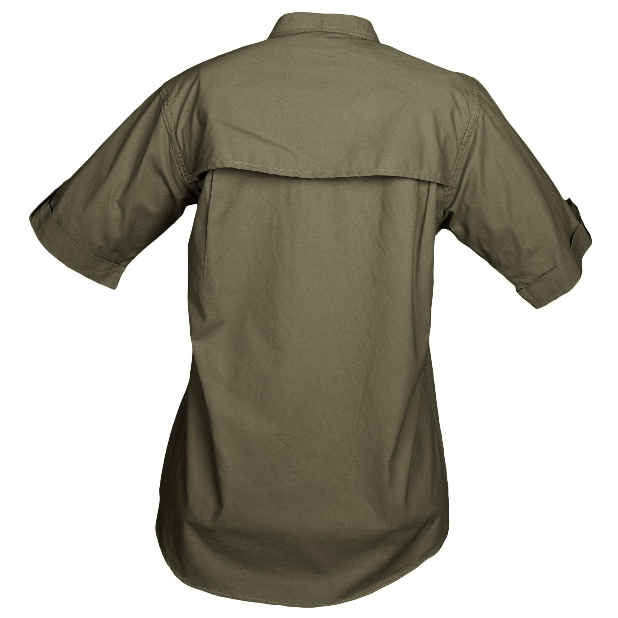 Back of a Woman's Clay Bird Shirt in Short Sleeves, color Moss. The shirt has a mesh-lined vented back, double stitching throughout, and long rounded tails for tucking into pants. 100% cotton.--5