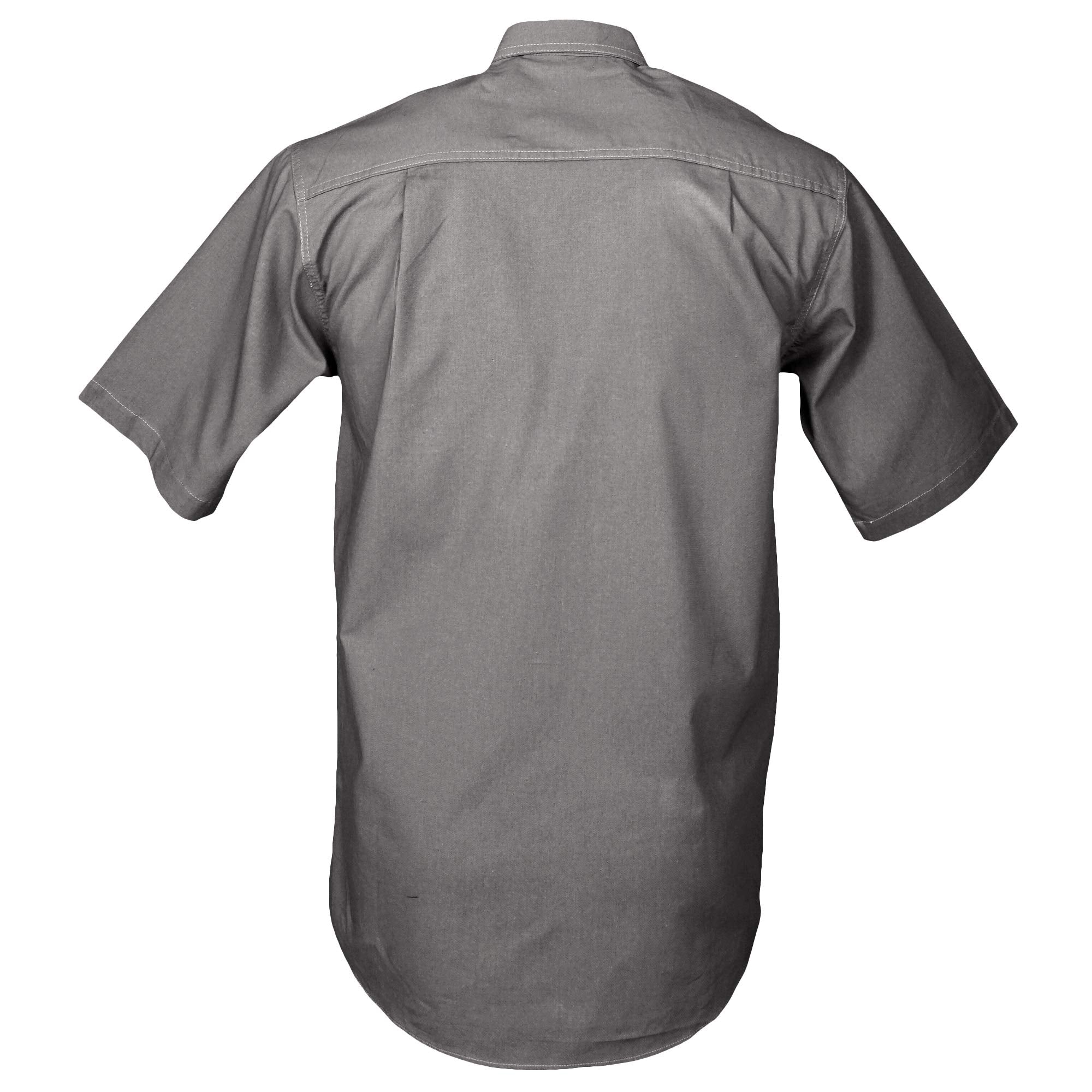 Back view of a Men's Safari Shirt in Short Sleeves, color Olive. The shirt has buttoned roll-up tabs on the sleeve cuffs, double stitching throughout, and long rounded tails for tucking into pants. 100% cotton.--2