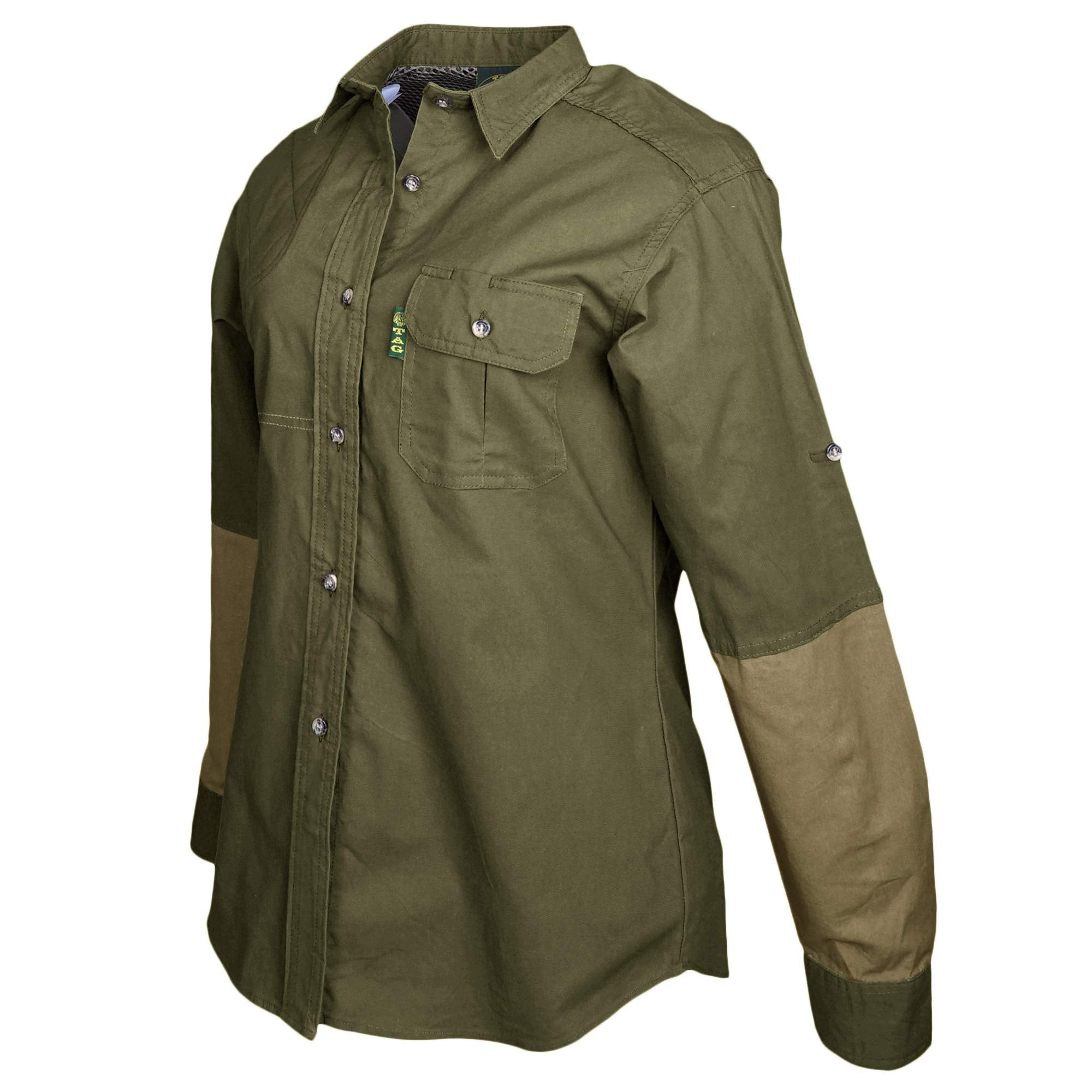 Side of a Woman's Clay Bird Shirt in Long Sleeves, color Moss/Khaki. The shirt has a quilted recoil pad at the right shoulder, contrasted forearms, a flap-covered chest pocket, a button-front placket, a stitched FITASC gun position line, double stitching throughout, and long rounded tails for tucking into pants. 100% cotton.--6