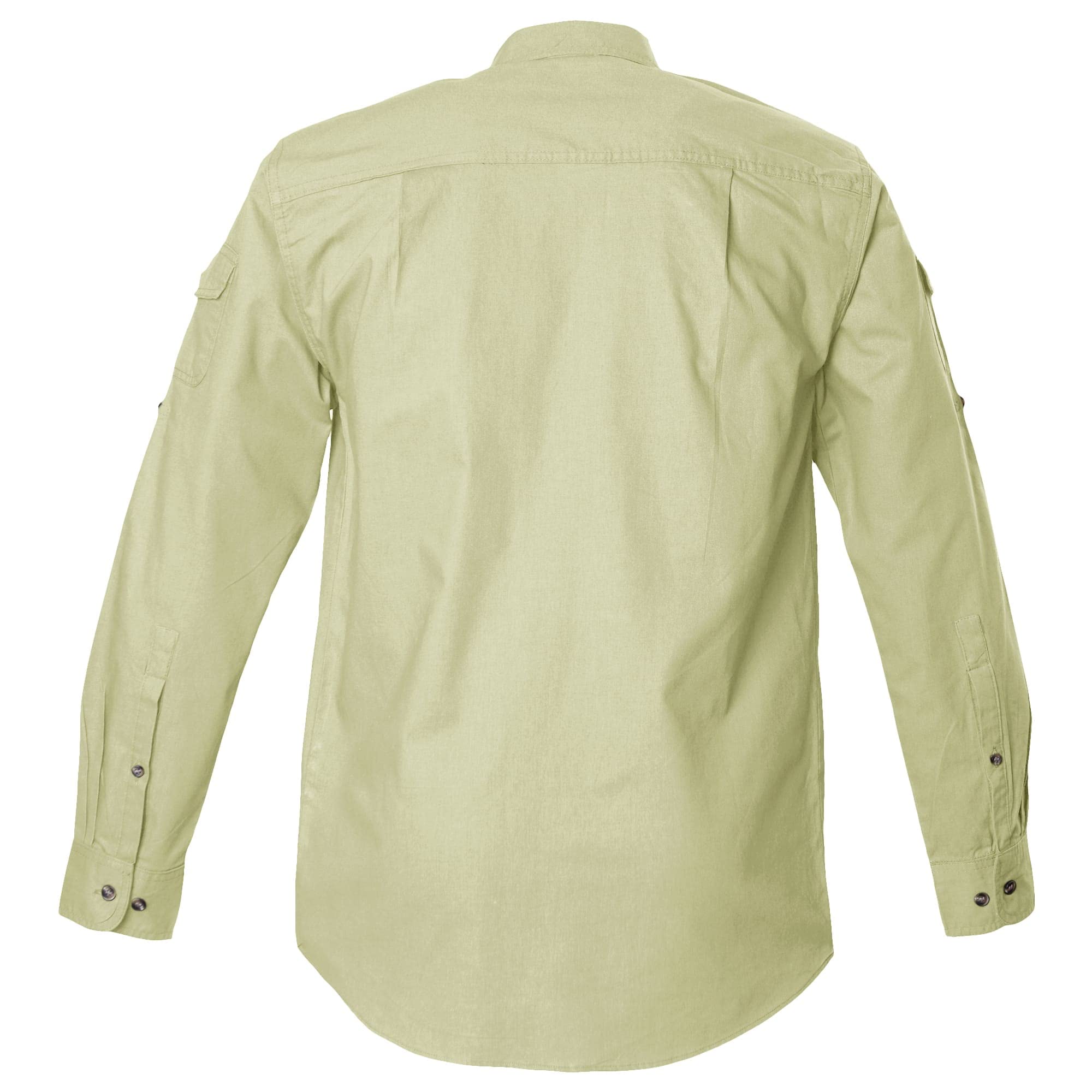 Back view of a Men's Shooter Shirt in Long Sleeves, color Stone. The shirt has functional cross-stitched shoulder straps, double stitching throughout, and long rounded tails for tucking into pants. 100% cotton.--2