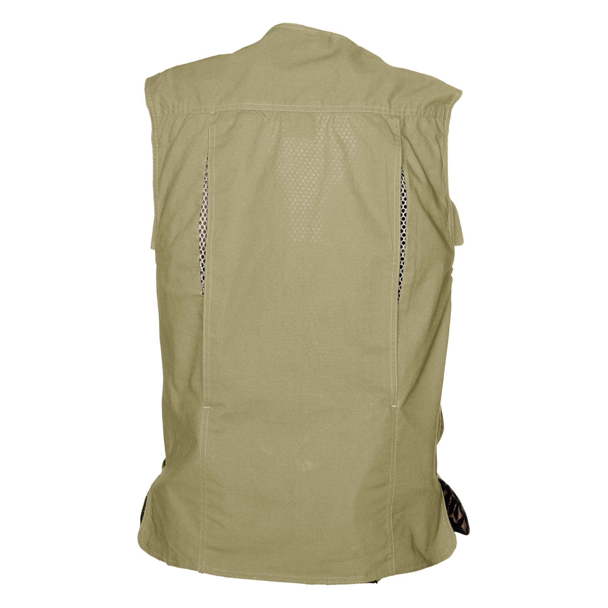Back of a Women's Livingstone Safari Vest, color Khaki. The vest has a mesh-lined vented back, a double yolk, and double stitching throughout. 100% cotton.--2