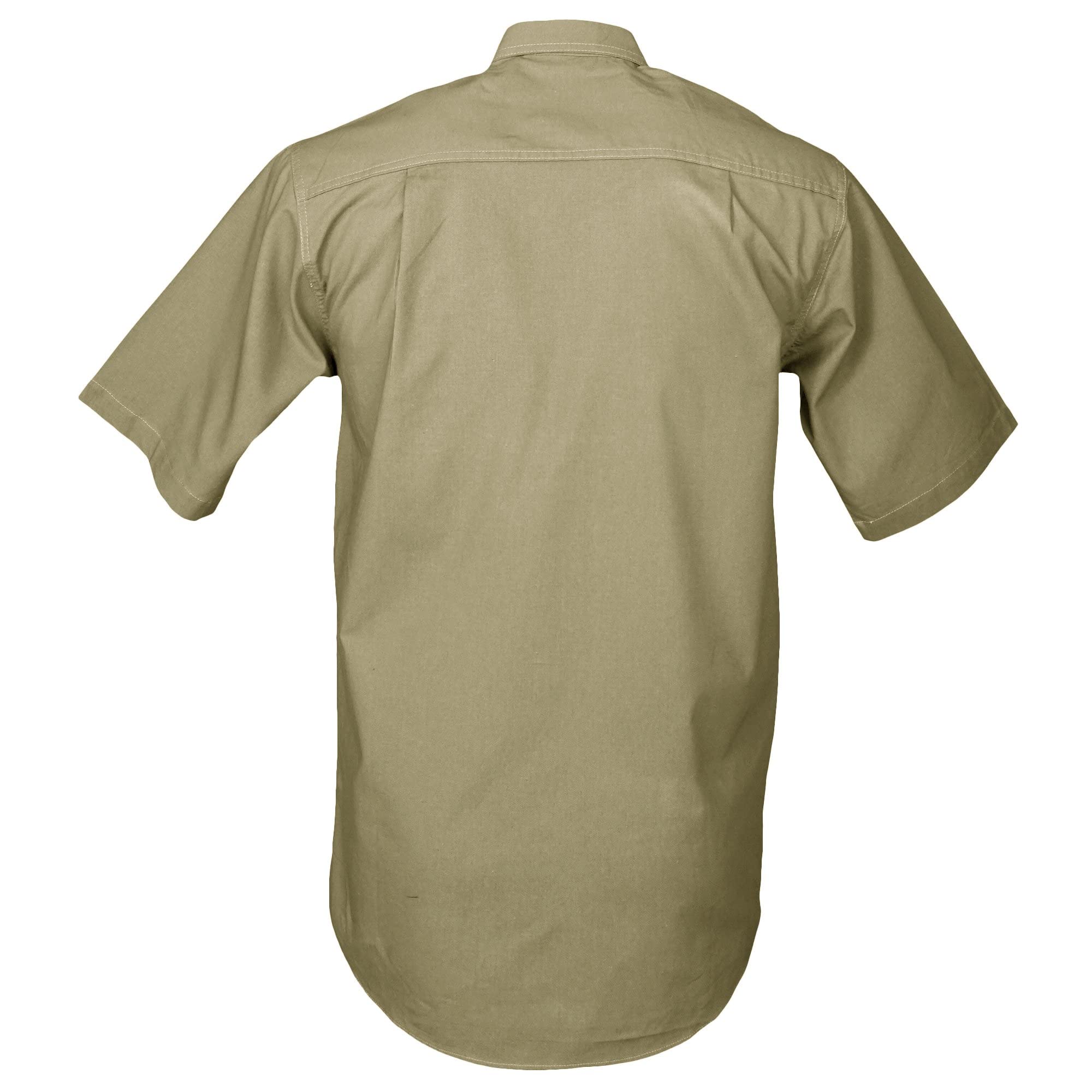 Back view of a Men's Safari Shirt in Short Sleeves, color Khaki. The shirt has buttoned roll-up tabs on the sleeve cuffs, double stitching throughout, and long rounded tails for tucking into pants. 100% cotton.--5