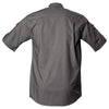 Back view of a Men's Shooter Shirt with Buffalo Logo in Short Sleeves, color Olive. The shirt has functional cross-stitched shoulder straps, double stitching throughout, and long rounded tails for tucking into pants. 100% cotton.