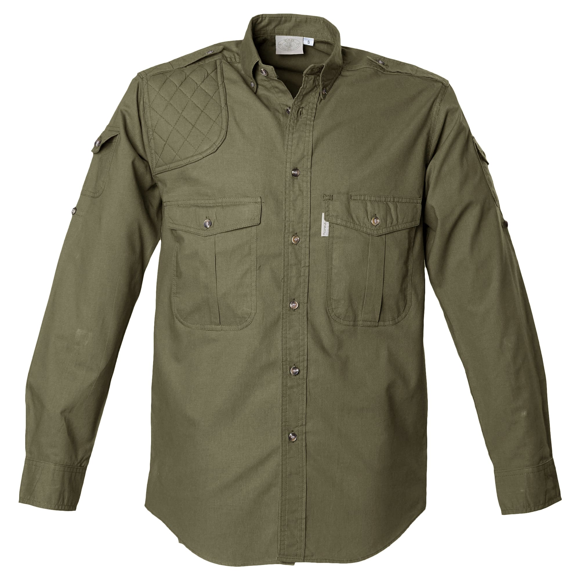 Front view of a Men's Shooter Shirt in Long Sleeves, color Moss. The shirt has a quilted shooting pad at the right shoulder, ammo pockets on the sleeves, two flap-covered chest pockets, button-down collars, functional cross-stitched shoulder straps, a button-front placket, double stitching throughout, and long rounded tails for tucking into pants. 100% cotton.--7