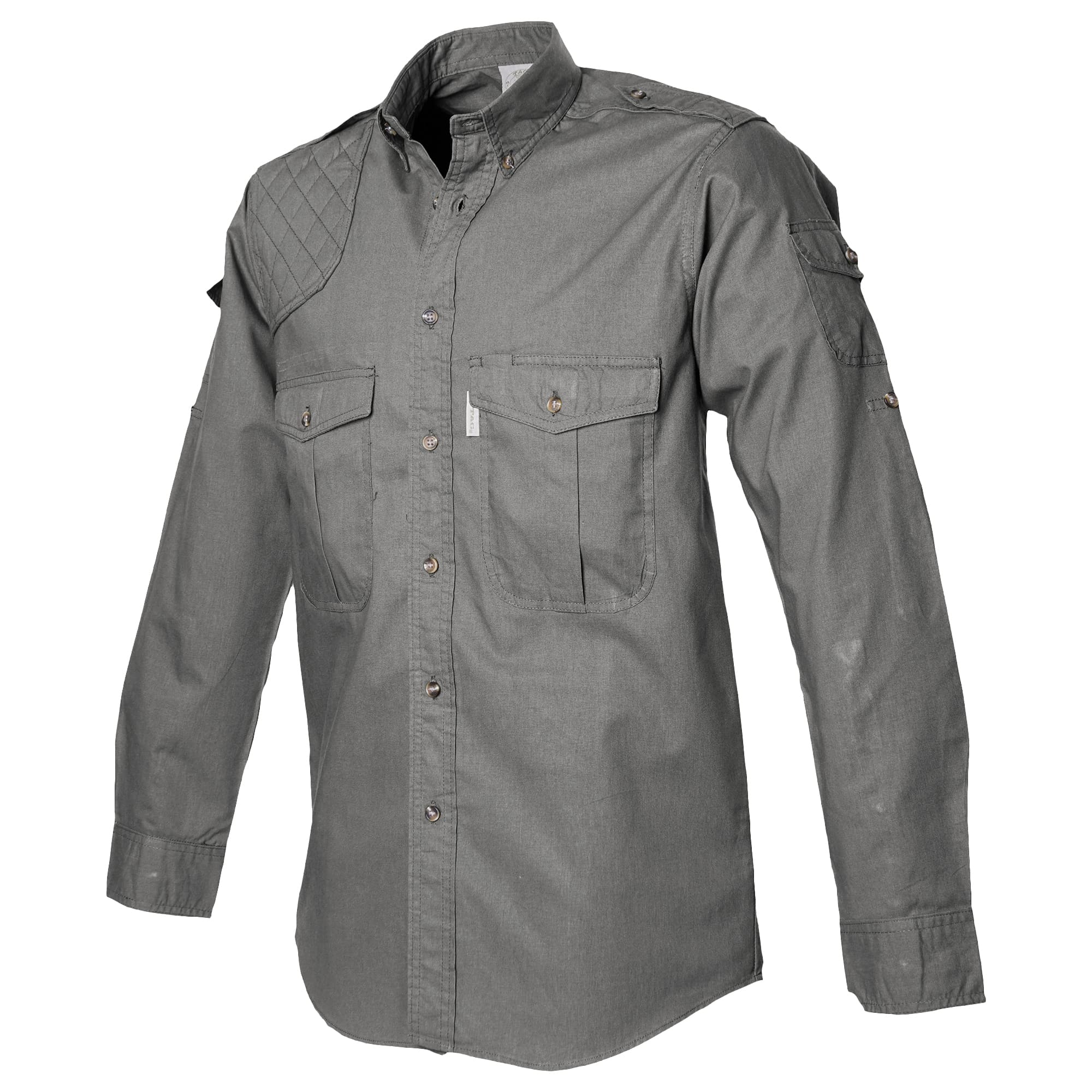 Side view of a Men's Shooter Shirt in Long Sleeves, color Olive. The shirt has a quilted shooting pad at the right shoulder, ammo pockets on the sleeves, two flap-covered chest pockets, button-down collars, functional cross-stitched shoulder straps, a button-front placket, double stitching throughout, and long rounded tails for tucking into pants. 100% cotton.--6