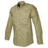 Side view of a Men's Shooter Shirt with Buffalo Logo in Long Sleeves, color Khaki. The shirt has a quilted shooting pad at the right shoulder, ammo pockets on the sleeves, two flap-covered chest pockets with an embroidered Tag buffalo logo above the left pocket, button-down collars, functional cross-stitched shoulder straps, a button-front placket, double stitching throughout, and long rounded tails for tucking into pants. 100% cotton.
