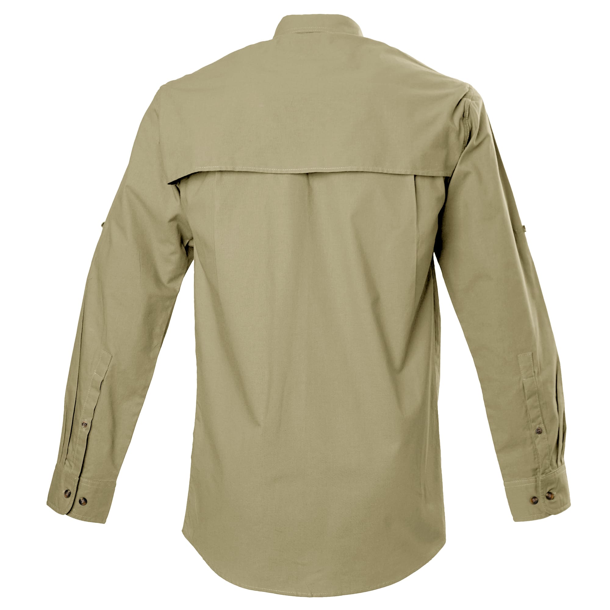 Back view of a Men's Left-Hand Shooter Shirt in Long Sleeves, color Khaki. The shirt has a mesh-lined vented back, buttoned Swiss tabs on the sleeves, double stitching throughout, and long rounded tails for tucking into pants. 100% cotton.--2