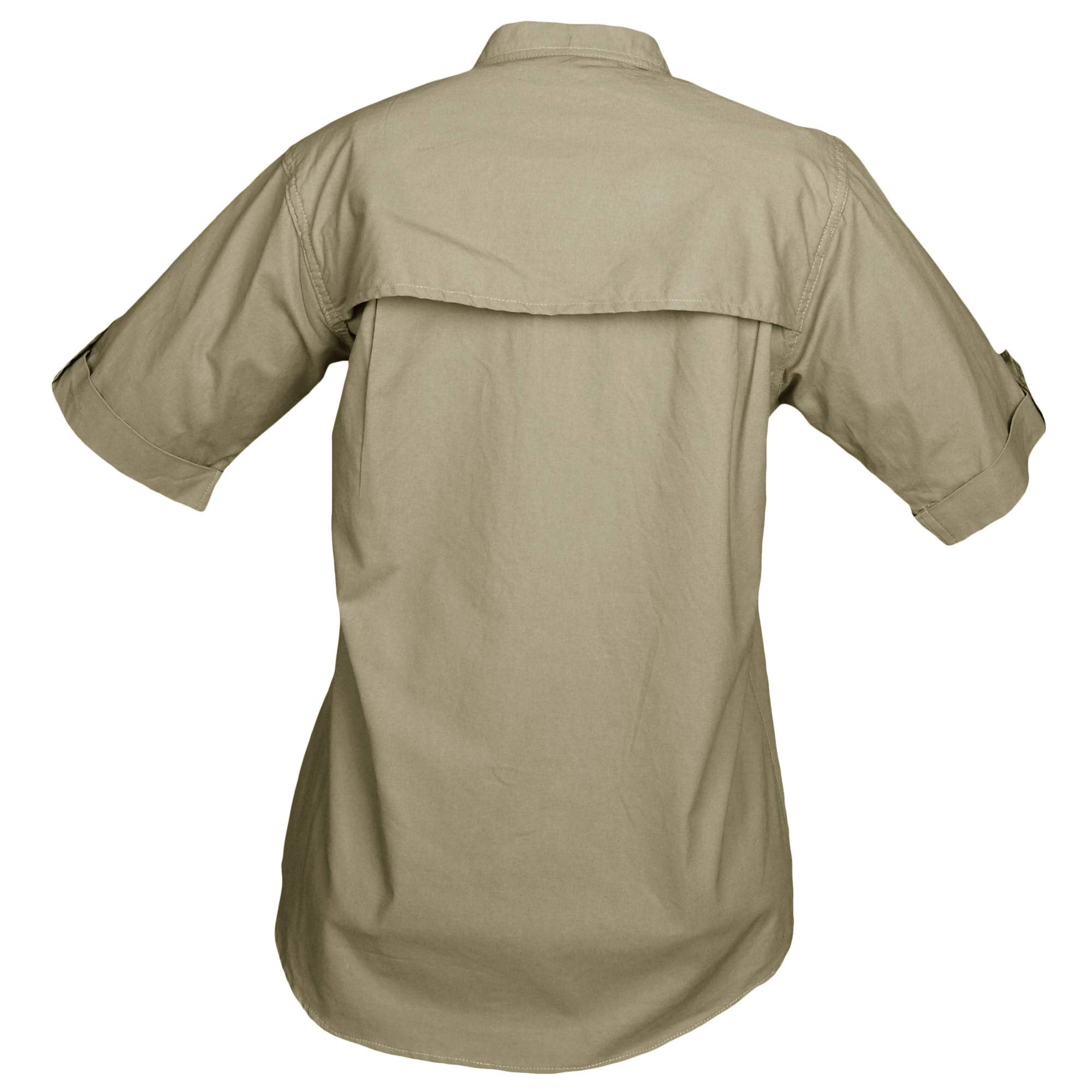 Back of a Woman's Clay Bird Shirt in Short Sleeves, color Khaki. The shirt has a mesh-lined vented back, double stitching throughout, and long rounded tails for tucking into pants. 100% cotton.--2