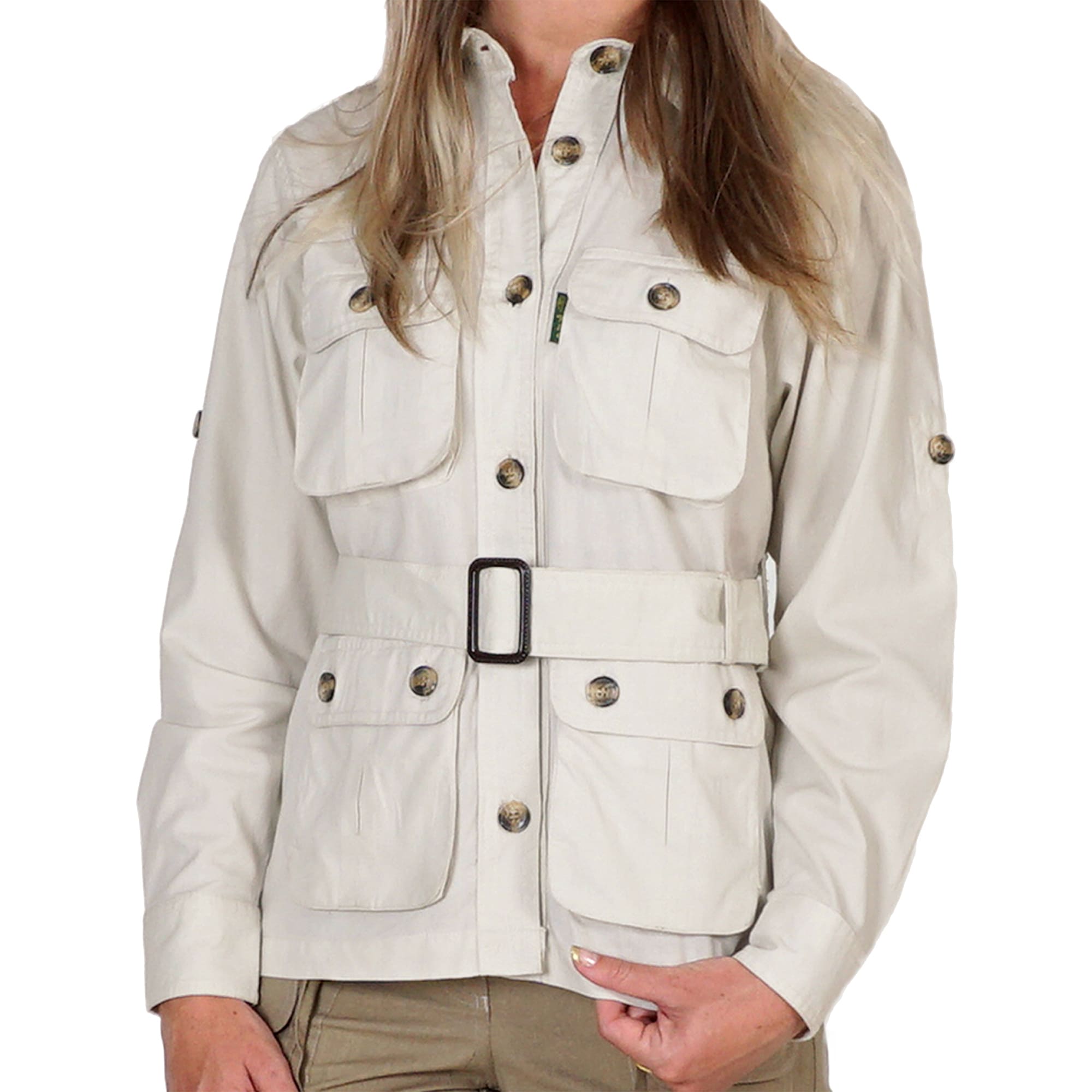 Front view of a Women's Safari Jacket, color Stone. The jacket has two large flap-covered cargo-style chest pockets, two large flap-covered cargo-style waist pockets, functional cross-stitched shoulder straps, Swiss roll-up tabs on the sleeves, a button-front placket, a buckled waist belt, and double stitching throughout. 100% cotton.--13