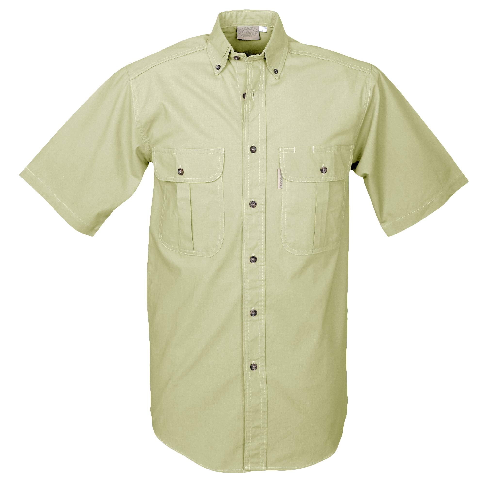 Front view of a Men's Safari Shirt in Short Sleeves, color Stone. The shirt has two flap-covered chest pockets, button-down collars, buttoned roll-up tabs on the sleeve cuffs, a button-front placket, double stitching throughout, and long rounded tails for tucking into pants. 100% cotton.--7