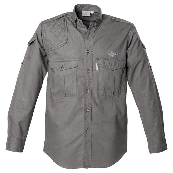 Front view of a Men's Shooter Shirt with Buffalo Logo in Long Sleeves, color Olive. The shirt has a quilted shooting pad at the right shoulder, ammo pockets on the sleeves, two flap-covered chest pockets with an embroidered Tag buffalo logo above the left pocket, button-down collars, functional cross-stitched shoulder straps, a button-front placket, double stitching throughout, and long rounded tails for tucking into pants. 100% cotton.