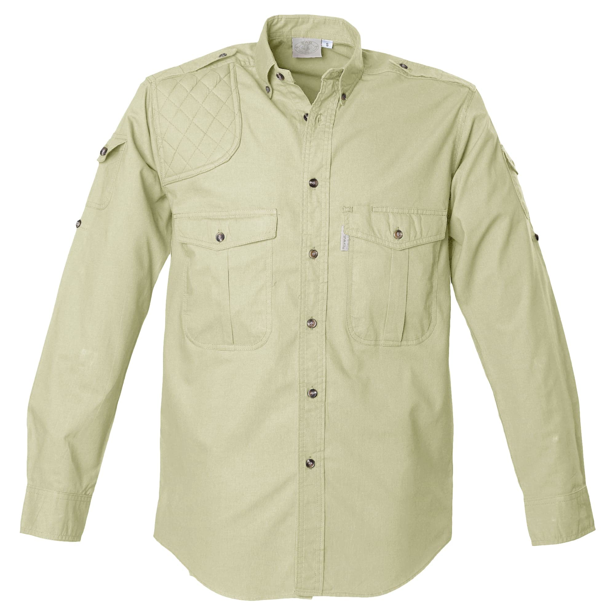 Front view of a Men's Shooter Shirt in Long Sleeves, color Stone. The shirt has a quilted shooting pad at the right shoulder, ammo pockets on the sleeves, two flap-covered chest pockets, button-down collars, functional cross-stitched shoulder straps, a button-front placket, double stitching throughout, and long rounded tails for tucking into pants. 100% cotton.--1
