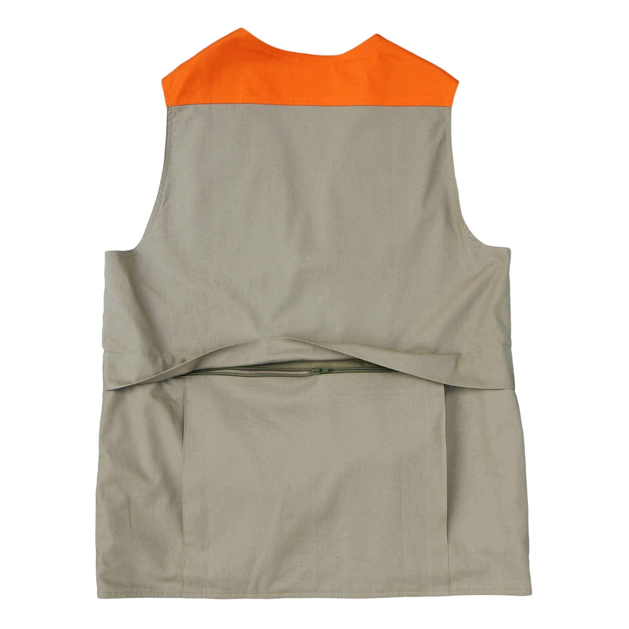 Back of a Men's Safari Vest, color Khaki/Blaze Orange. The vest has a blaze orange yoke, a reinforced back panel, a large zippered game pouch with a flap cover at the waist, and double stitching throughout. 100% cotton.--2