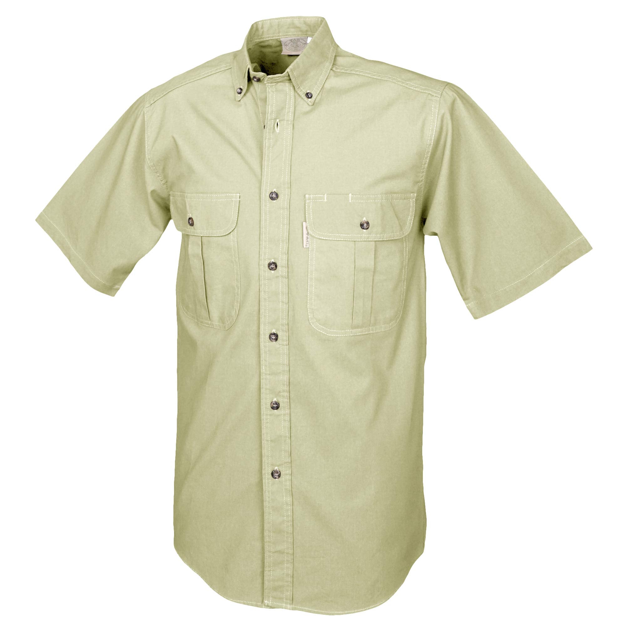 Side view of a Men's Safari Shirt in Short Sleeves, color Stone. The shirt has two flap-covered chest pockets, button-down collars, buttoned roll-up tabs on the sleeve cuffs, a button-front placket, double stitching throughout, and long rounded tails for tucking into pants. 100% cotton.--9