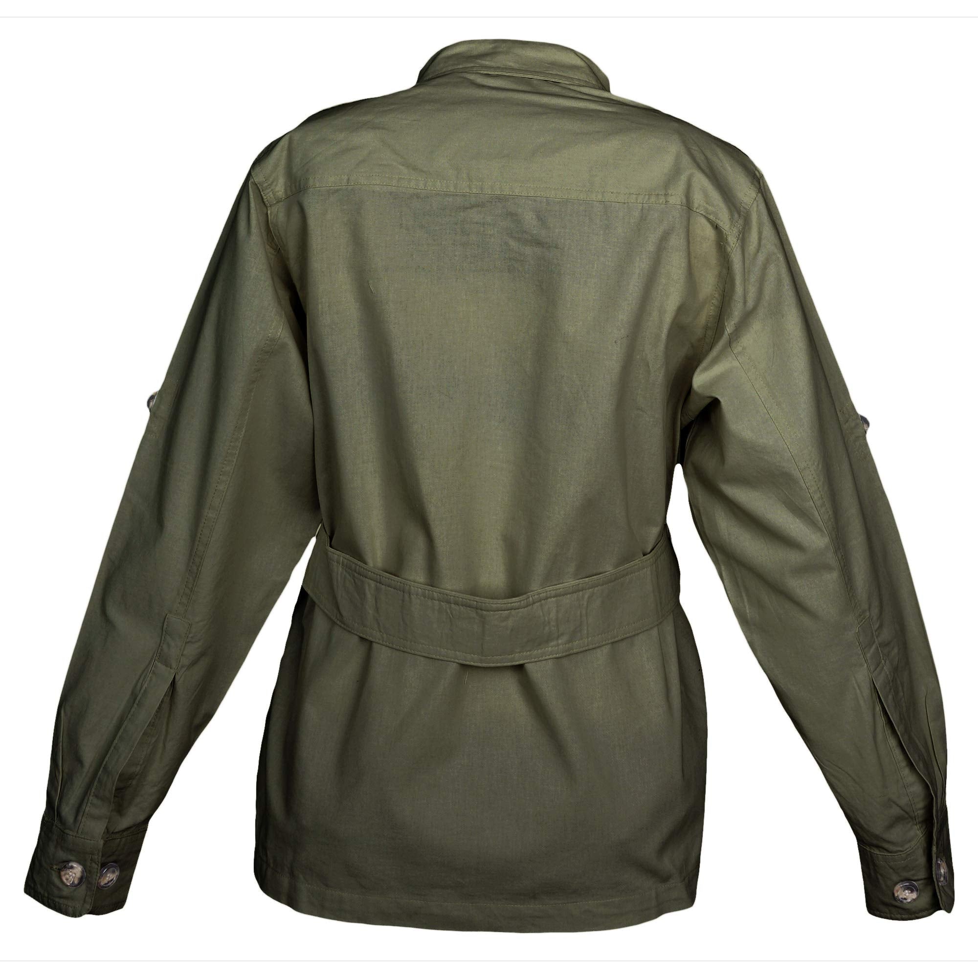 Back view of a Women's Safari Jacket, color Moss. The jacket has a double yolk, functional cross-stitched shoulder straps, Swiss roll-up tabs on the sleeves, a buckled waist belt, and double stitching throughout. 100% cotton.--11