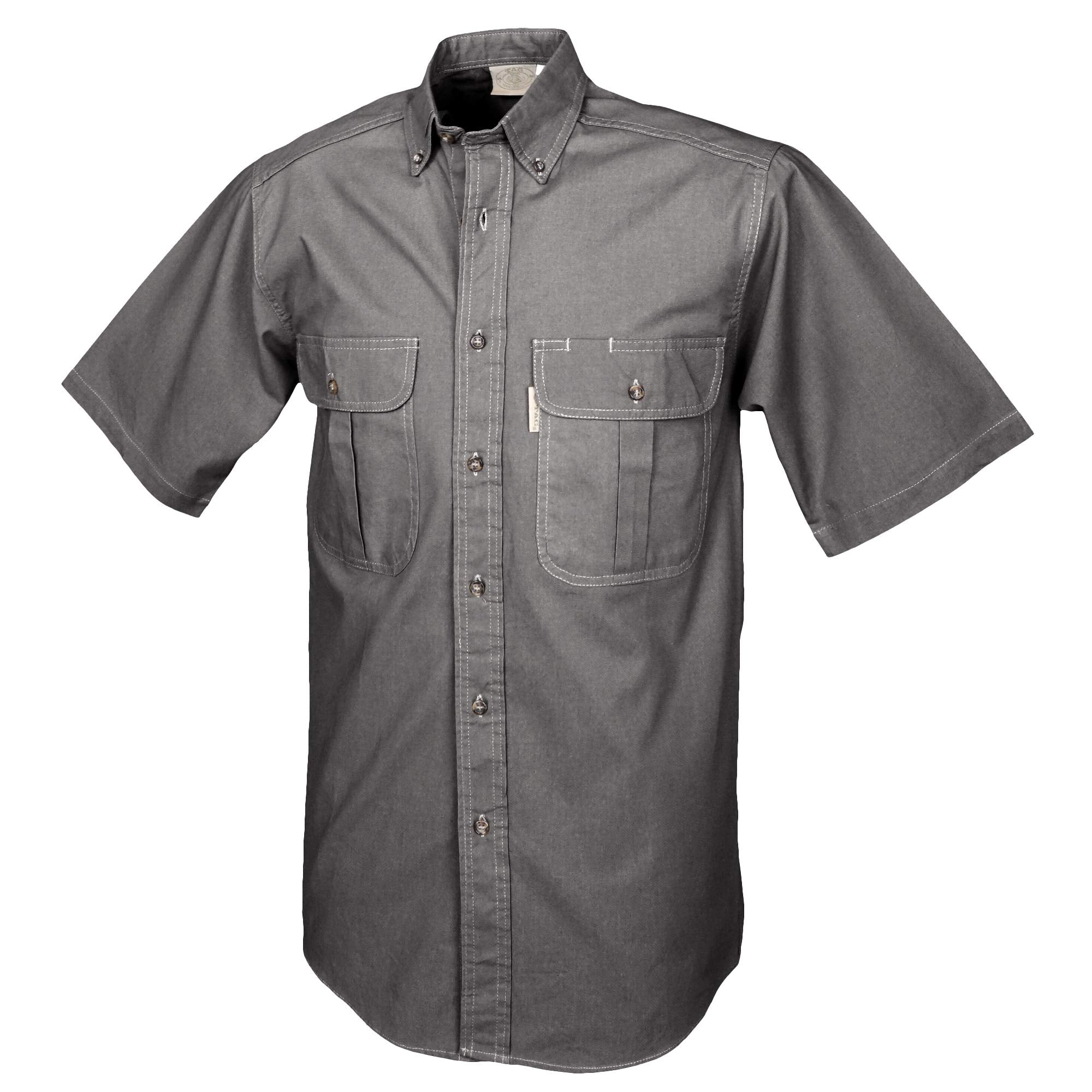 Side view of a Men's Safari Shirt in Short Sleeves, color Olive. The shirt has two flap-covered chest pockets, button-down collars, buttoned roll-up tabs on the sleeve cuffs, a button-front placket, double stitching throughout, and long rounded tails for tucking into pants. 100% cotton.--3