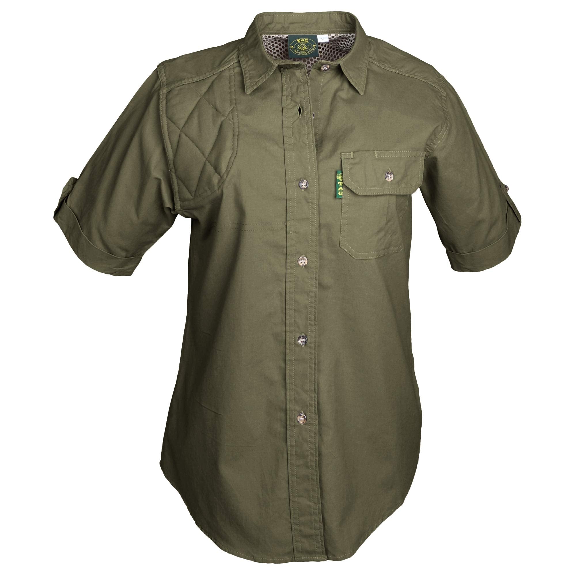 Front of a Woman's Clay Bird Shirt in Short Sleeves, color Moss. The shirt has a quilted recoil pad at the right shoulder, a flap-covered chest pocket, a button-front placket, a stitched FITASC gun position line, double stitching throughout, and long rounded tails for tucking into pants. 100% cotton.--4