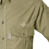 Closeup of a Men's Shooter Shirt with Buffalo Logo in Short Sleeves, color Khaki. The shirt has a flap-covered chest pocket on the left side with an embroidered Tag buffalo logo above, button-down collars, a button-front placket, and double stitching throughout. 100% cotton.