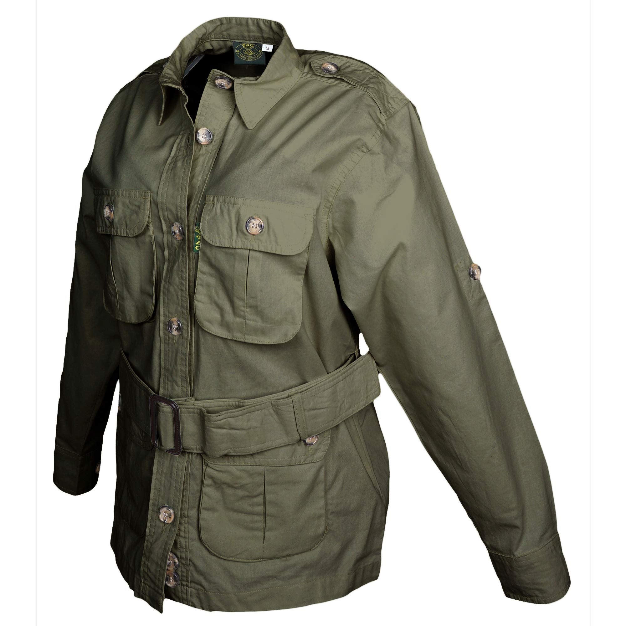 Side view of a Women's Safari Jacket, color Moss. The jacket has two large flap-covered cargo-style chest pockets, two large flap-covered cargo-style waist pockets, functional cross-stitched shoulder straps, Swiss roll-up tabs on the sleeves, a button-front placket, a buckled waist belt, and double stitching throughout. 100% cotton.--12