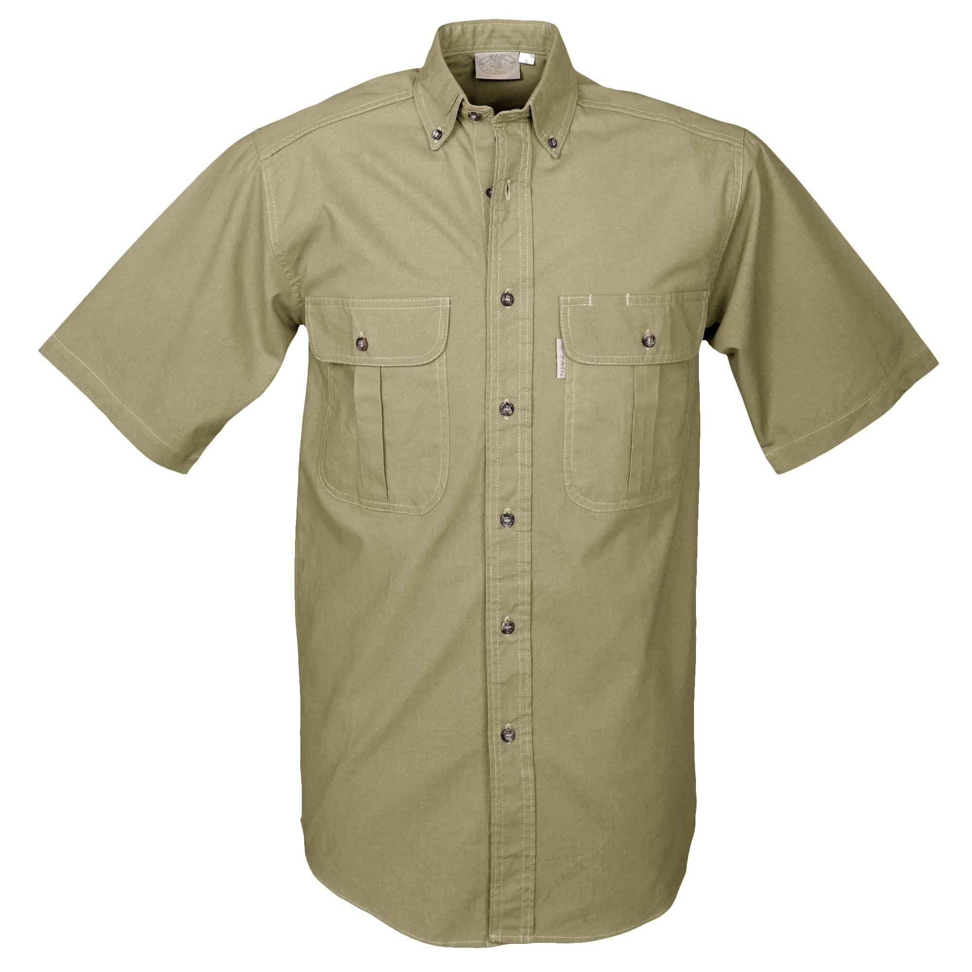 Front view of a Men's Safari Shirt in Short Sleeves, color Khaki. The shirt has two flap-covered chest pockets, button-down collars, buttoned roll-up tabs on the sleeve cuffs, a button-front placket, double stitching throughout, and long rounded tails for tucking into pants. 100% cotton.--4