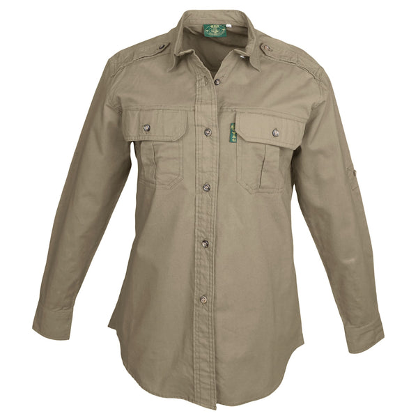 Front view of a Woman's Trail Shirt in Long Sleeves, color Khaki. The shirt has two flap-covered chest pockets, functional cross-stitched shoulder straps, a button-front placket, double stitching throughout, and long rounded tails for tucking into pants. 100% cotton.